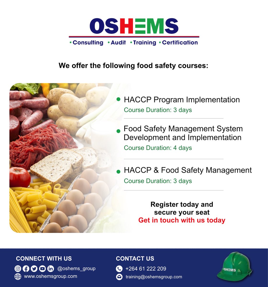 For more information on our food safety courses, give us a call on +264 61 222 209 or send an email to info@oshemsgroup.com 

#foodsafetytraining #foodsafety #certification #safetyculture #prioritizesafety #callustoday #follow #windhoek #namibia🇳🇦 #africa #eroswindhoek