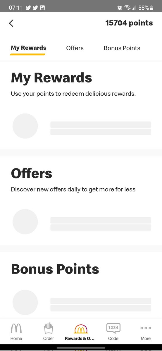 Chewyyy___'s tweet photo. @McDonaldsUK I have 15700 points on your rewards app on my phone. No matter which of your stores I use, I always get the same blank screen and cannot utilise any of these reward points. (Yes the app is up-to-date) Please advise.. https://t.co/K2zvkCbraA