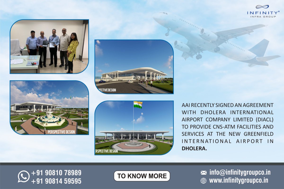 #AAI recently signed an agreement with Dholera International Airport Company Limited, to provide CNS-ATM facilities and services at the New Greenfield International Airport in #Dholera.
 infinitygroupco.in II+919081078989 #DholeraSIR #ThinkSmartThinkDholera #DMIC #NICDC