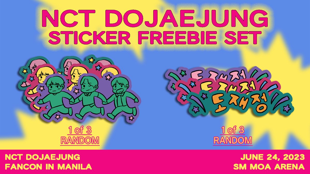 nct dojaejung fancon in manila
sticker freebie set !

☆ rt &amp; like this tweet
☆ show proof on d-day to claim

limited qty, 1:1 set only
no reservations / trades
exact time and location: TBA

#NCTDoJaeJung_Manila #DJJ_PerfumesManila
