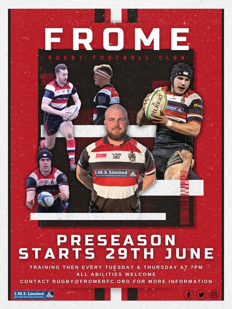 FromeRFC's tweet photo. The Frome RFC Seniors are recruiting ahead of the 2023/24 season, with preseason beginning on June 29th at The Lane.

For more information visit ➡️ https://t.co/kQWPoh8EHz

🔴⚪️⚫️ | #FromeRFC | #Frome | #UnitedInRedWhiteBlack https://t.co/sSvCenNDR5