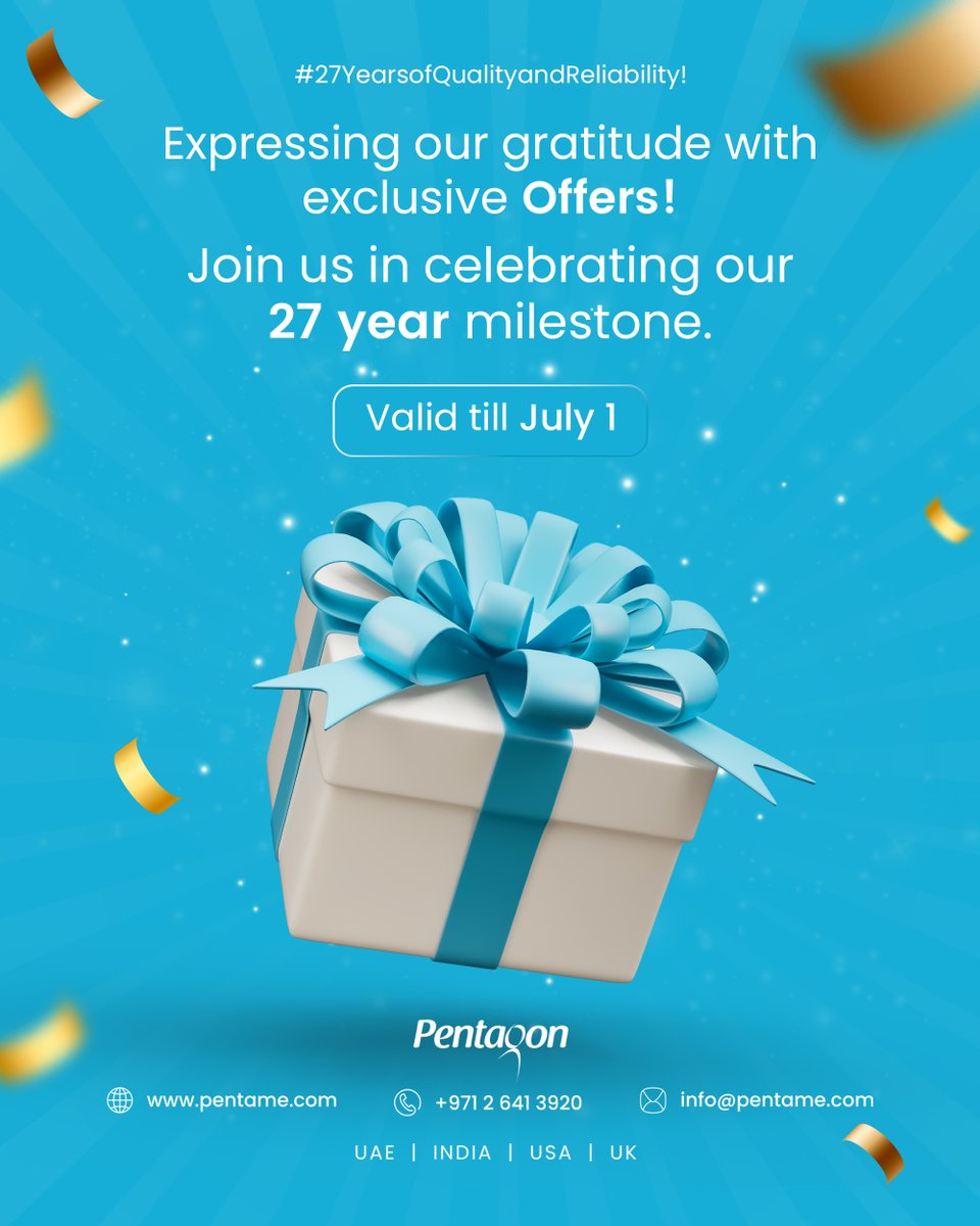 pentame's tweet photo. Celebrating our 27th Corporate Anniversary!
Join us in commemorating this milestone with exclusive #offers on our top-notch services.

Contact: +971 2 6413920 | info@pentame.com

#DigitalServices #WebDevelopment #AppDevelopment #SEO #PPC #SocialMediaMarketing #ExclusiveOffers https://t.co/WgDYVaf5ko