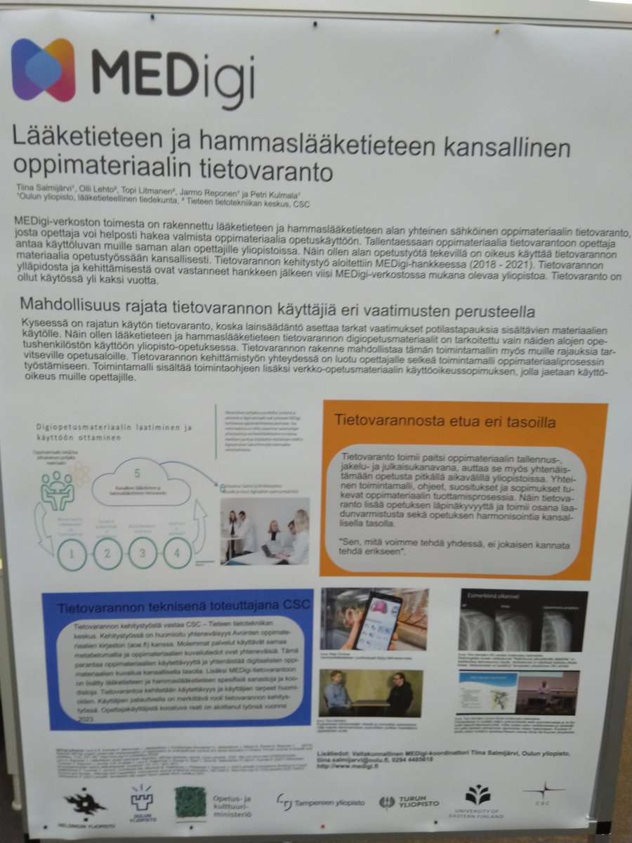 <a href="/MEDigiFinland/">MEDigiFinland</a> Peda-Forum-päivillä 7. - 8.6. lämpimästi tervetuloa tutustumaan lääketieteen ja hammaslääketieteen tietovaranto-posteriin! Sähköinen oppimateriaalivaranto rakennettu yhteistyössä <a href="/CSCfi/">CSC</a> tietotekniikan keskuksen kanssa.