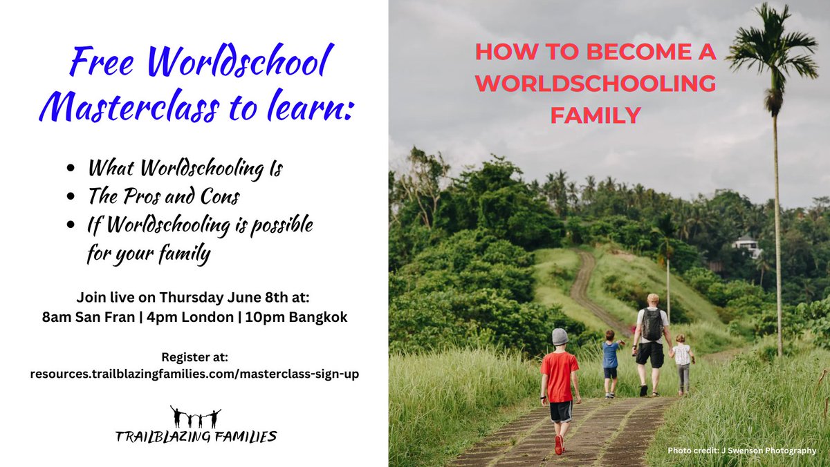 For those of you curious about worldschooling, I'm hosting a free masterclass this Thursday. Hope you can make it!

Please register at resources.trailblazingfamilies.com/masterclass-si…

#worldschooling #familytravel #digitalnomadfamily  #giveyourkidstheworld #raiseglobalcitizens