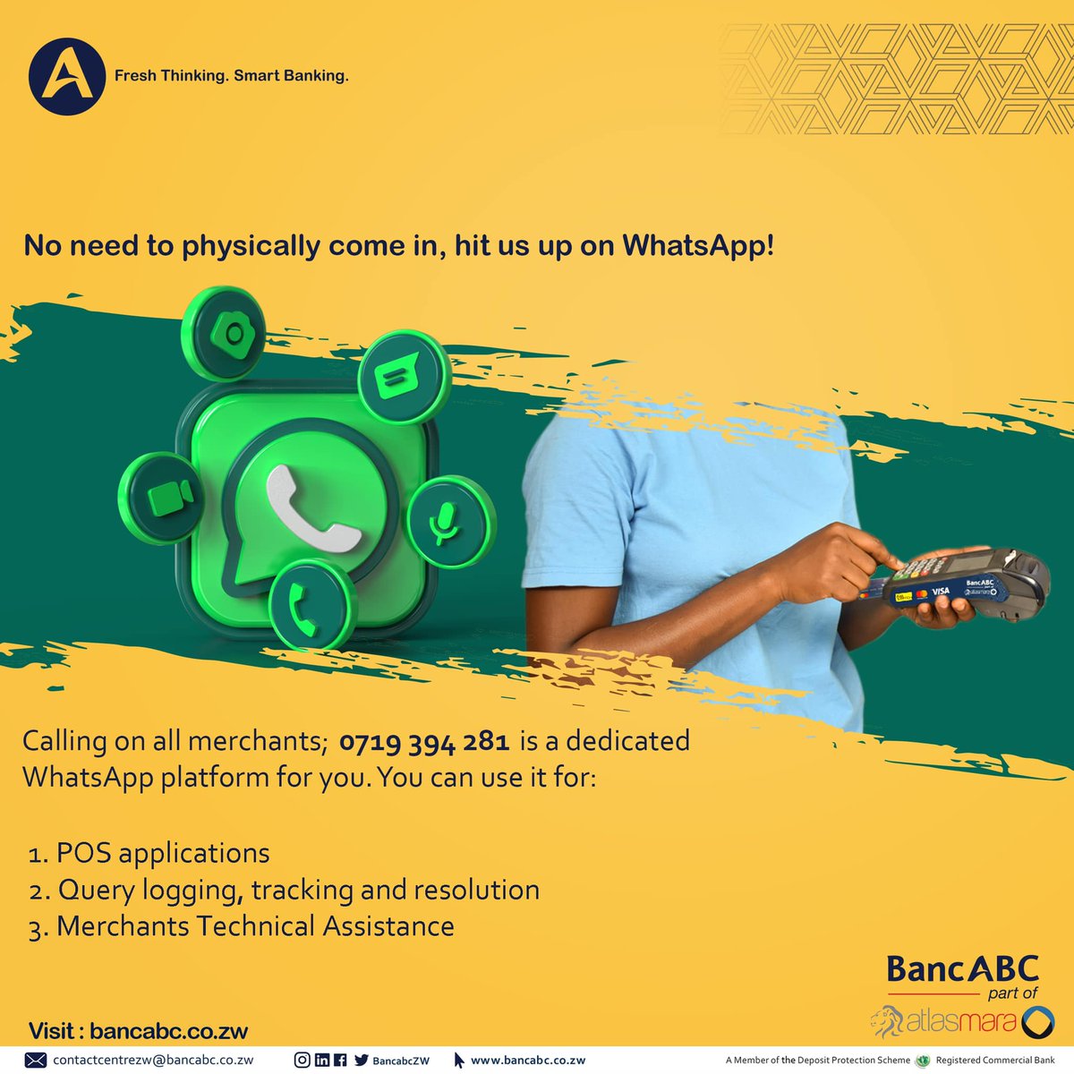 BancabcZW's tweet photo. 0719394284 is a special WhatsApp π² platform made for you!
Use it now for your:
1. POS applications
2. Query logging, tracking and resolution
3. Merchants Technical Assistance
#BankDifferent
#SmartBanking π¦
#BeSmartGoDigitalπ± https://t.co/R9xzjrvUGr