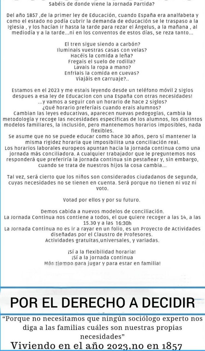 <a href="/JosepGCambray/">Josep G. Cambray</a> igual que els nostre veïns valencians, volem viure al món que ens toca al 2023. Diversitat horària, diferents necessitats, valors familiars, infants que siguin infants, la jornada contínua es tradueix en tot això, necessitem poder decidir. #volemjornadacontinua