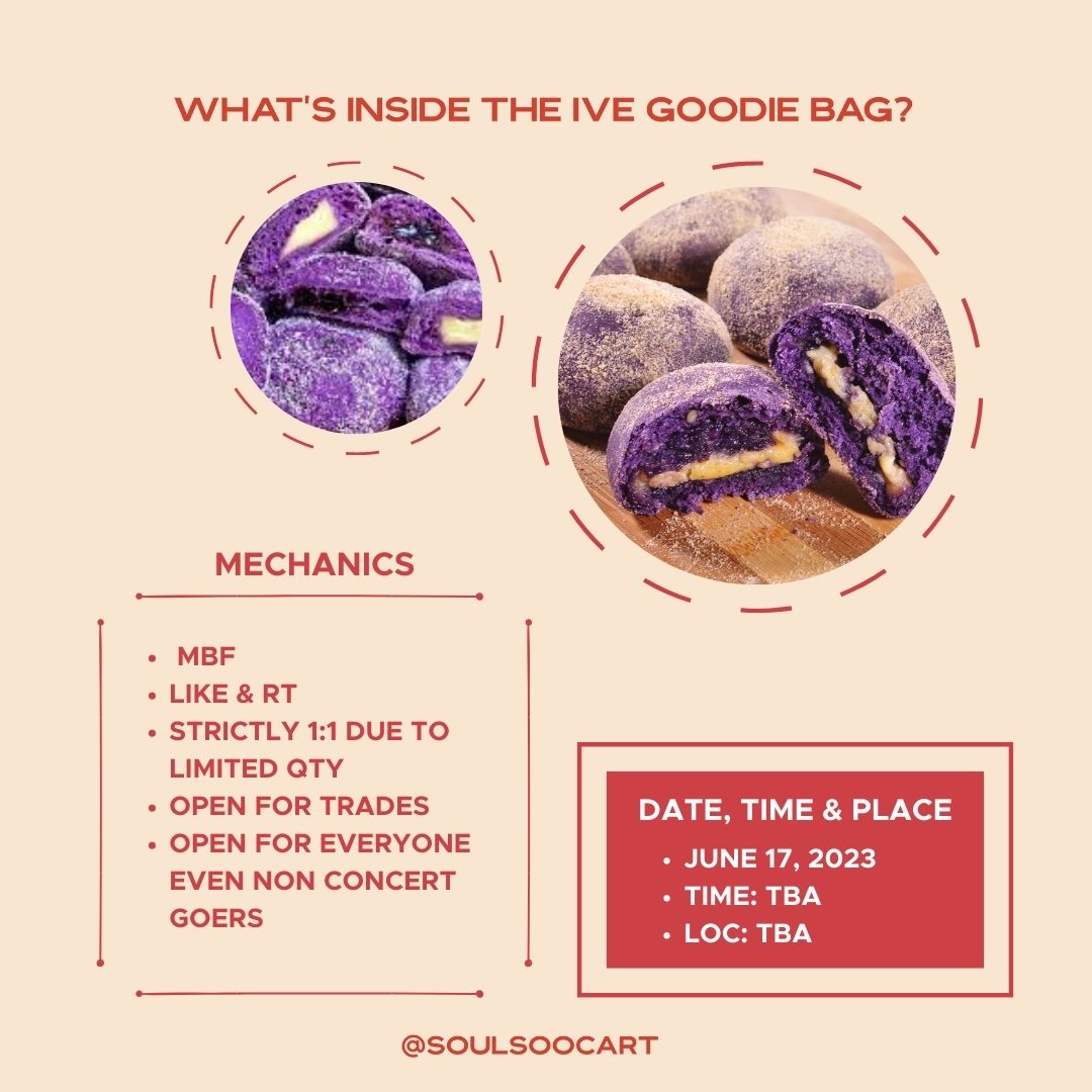IVE THE PROM QUEENS in MANILA 

Hello, dives! I'll be giving away ube cheese pandesal inside the minive bag

fan support by: <a href="/soulsoocart/">Ath / ia</a> 

how to claim:
— mbf me
— rt &amp; like
— strictly 1:1 
— loc &amp; time: tba

#IVE #아이브 #IVEinMNL #IVEMNL2023 #IVEThePromQueensInManila