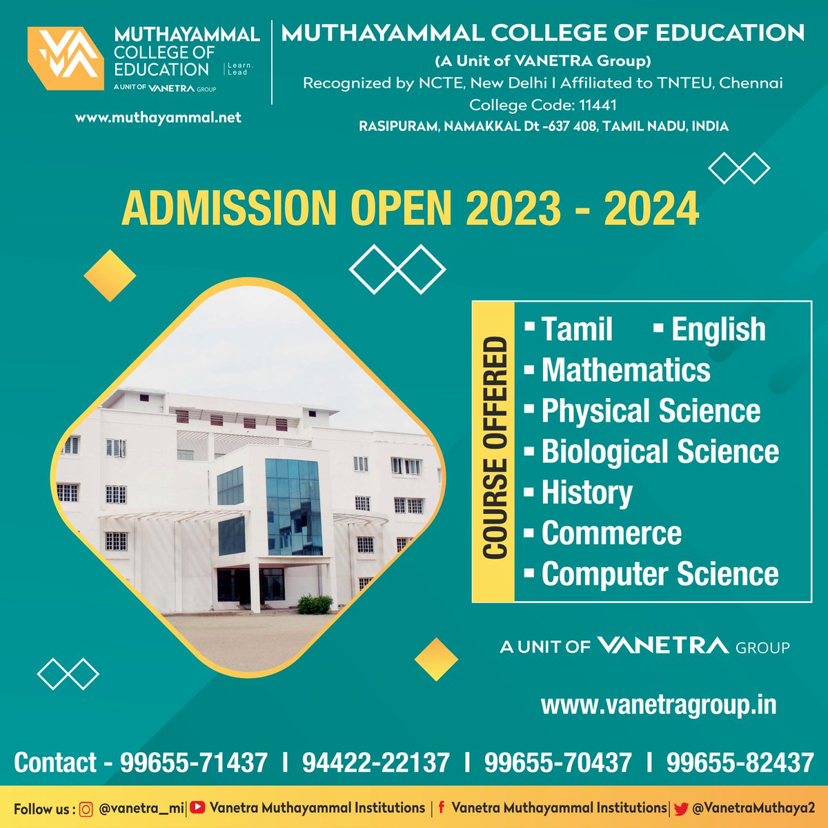 VanetraMuthaya2's tweet photo. Teaching is one of the  noblest professions in the world.
Are you looking towards to make your career as a Teacher? then B.Ed course at Vanetra Muthayammal  Institutions is the perfect choice to build your career.

Admission open for the Academic Year 2023-24
 #BEdCourses https://t.co/LXL5mFyAXF