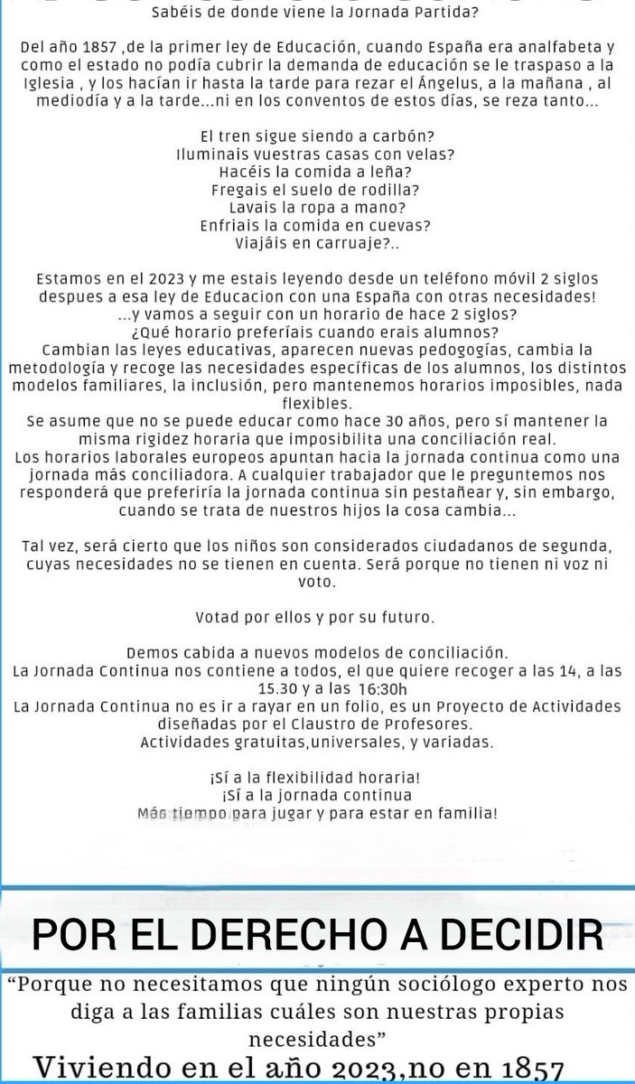 <a href="/JosepGCambray/">Josep G. Cambray</a> igual que els nostre veïns valencians, volem viure al món que ens toca al 2023. Diversitat horària, diferents necessitats, valors familiars, infants que siguin infants, la jornada contínua es tradueix en tot això, necessitem poder decidir. #volemjornadacontinua