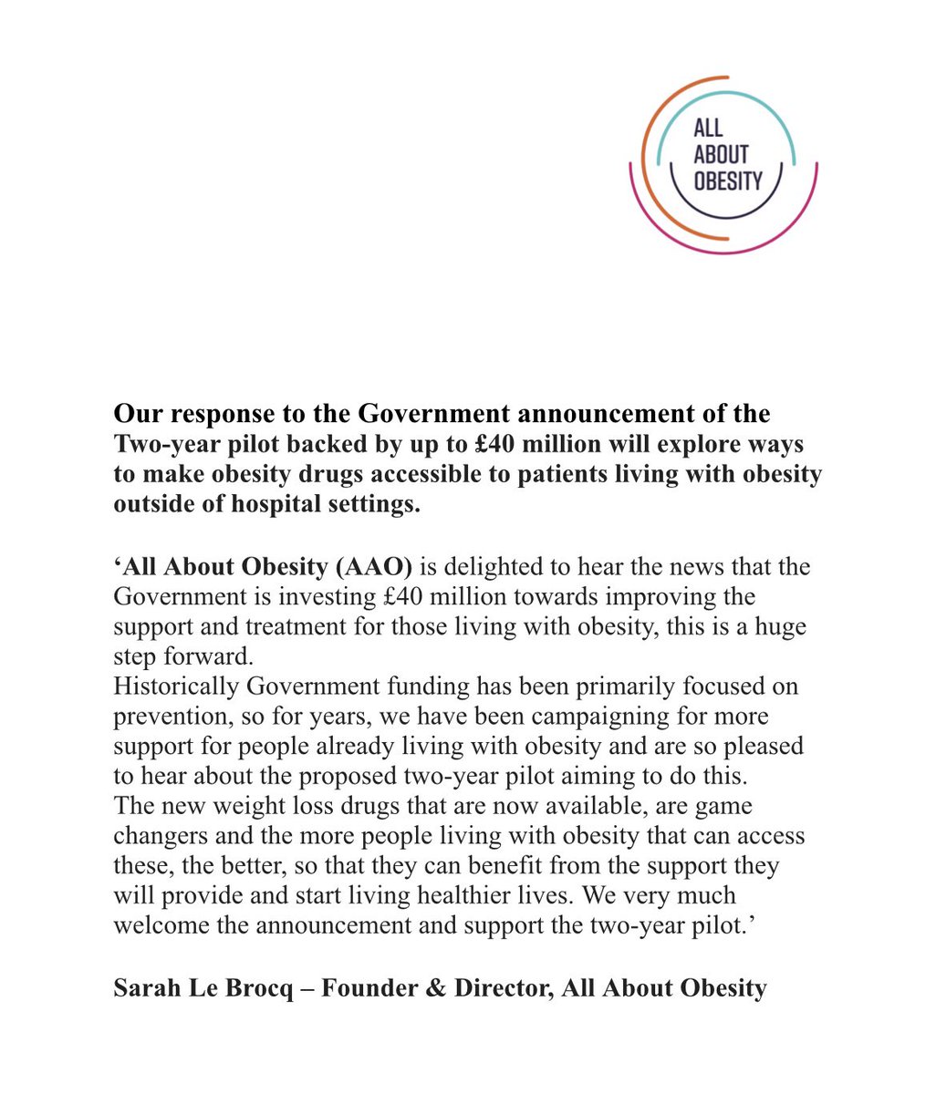 Such welcome news from the Government this morning, finally some investment in support and treatment for #peoplelivingwithobesity. gov.uk/government/new… #obesity @AboutObesityorg