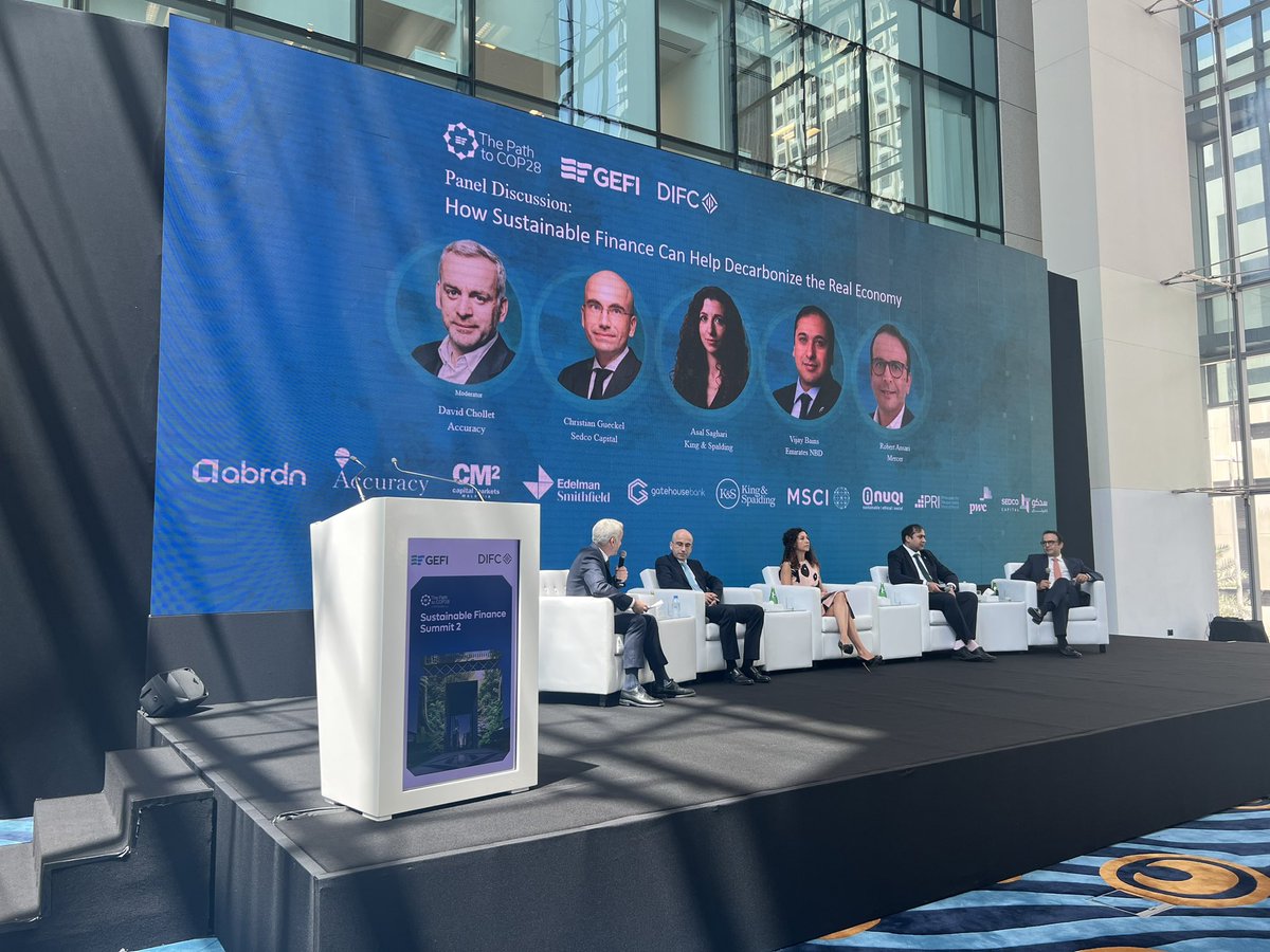 DIFC's tweet photo. A panel discussion on “How Sustainable Finance Can Help Decarbonize the Real Economy” happening now at the Sustainable Finance Summit. #GEFI #PathtoCop28 #DIFC https://t.co/LTQt6gCpxL