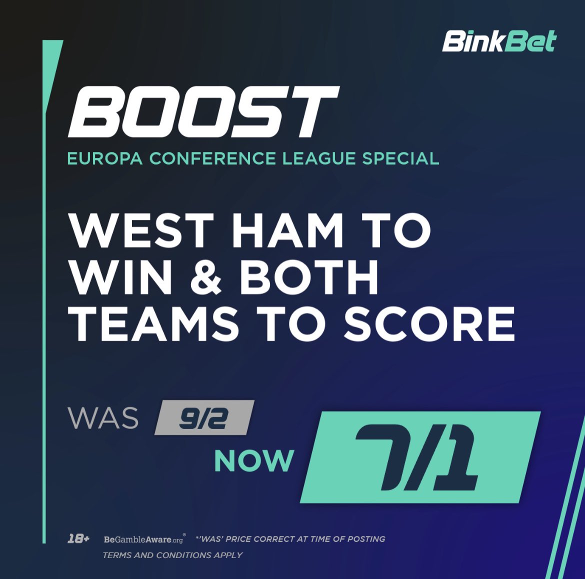 Ghost__Tipster's tweet photo. West Ham fans! It’s the Europa Conference League final tonight! Check out this boost from BinkBet! #WestHam #WestHamUnited #EuropaConferenceleague #Final #football #WHUFC https://t.co/Bm6ZYPnDfb