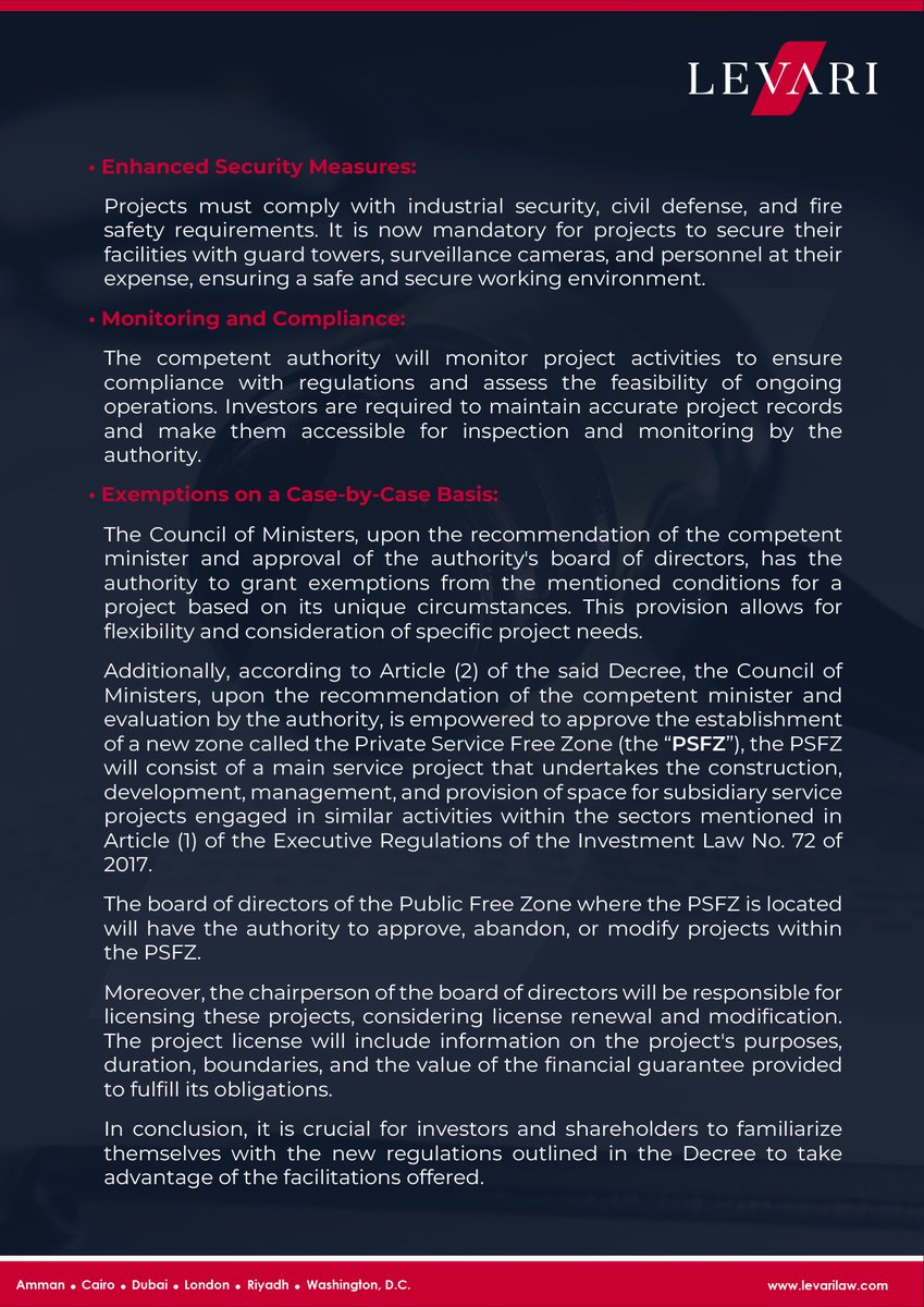 The Prime Minister has issued Ministerial Decree No. 2140 of 2023, introducing major changes to the Executive Regulations of the Investment Law.

Check out the Decree for a clear roadmap and regulations governing these projects.

#Levari #InvestmentLaw #PrivateFreeZone