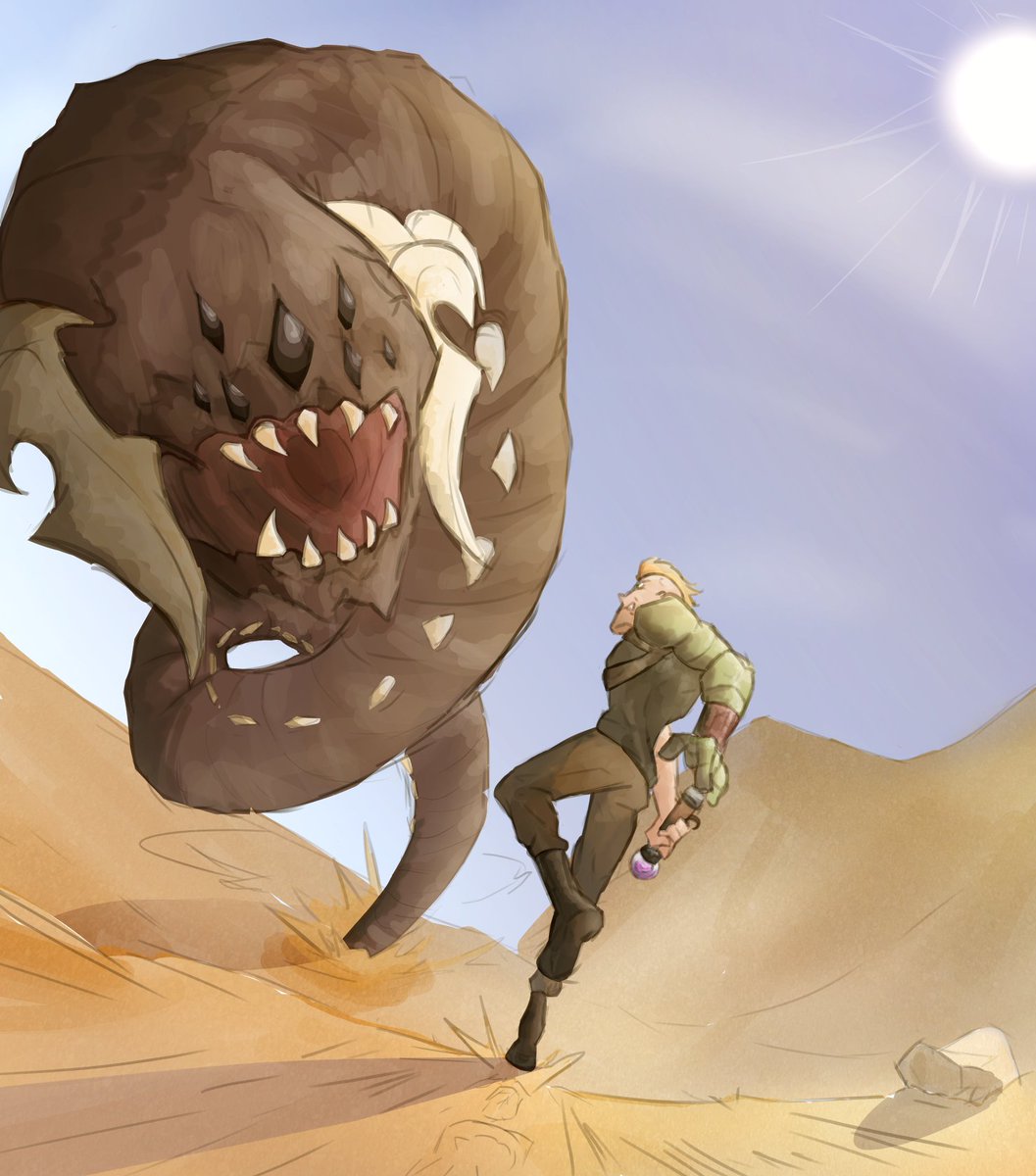 ToothLeft's tweet photo. Hey so that Infernum project of mine isn't actually dead, this piece was just whoopin my ass.

Here's Moloch throwing down with everyone's favourite sand-swimming husk.

#art #calamitymod #desertscourge https://t.co/El1Csr6isH