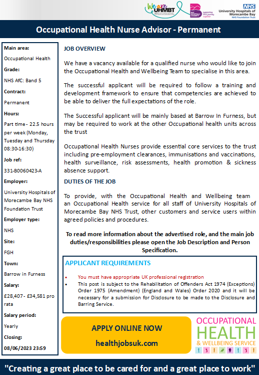 Don't miss out on this exciting new job opportunity with Occy Health, closing date 08.06.23 ❤️ #OccupationalHealth #NHS