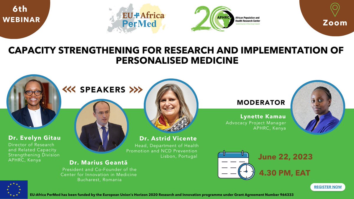 APHRC (@aphrc) on Twitter photo ๐ข Registration is now open for our upcoming <a href="/EU_AfricaPerMed/">EU-AFRICA PerMed</a> webinar that seeks to discuss #personalisedmedicine in practice, with a focus on the #capacities required for its successful implementation.
๐๏ธ June 22, 2023 at 4:30 PM EAT/2:30 PM UCT/
RSVP: us02web.zoom.us/webinar/registโฆ ๐ข Registration is now open for our upcoming <a href="/EU_AfricaPerMed/">EU-AFRICA PerMed</a> webinar that seeks to discuss #personalisedmedicine in practice, with a focus on the #capacities required for its successful implementation.
๐๏ธ June 22, 2023 at 4:30 PM EAT/2:30 PM UCT/
RSVP: us02web.zoom.us/webinar/registโฆ