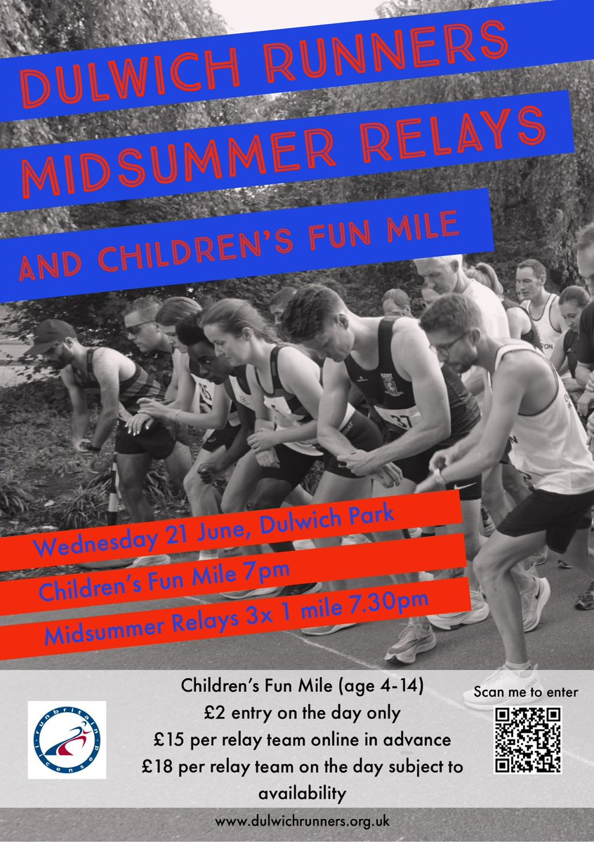 2 weeks to go to our Midsummer Relays and Children’s Fun Run in Dulwich Park! 76 teams have entered so far (100 max) so do enter soon if you want to take part. All children’s entries on the day. Registration opens 6.15pm