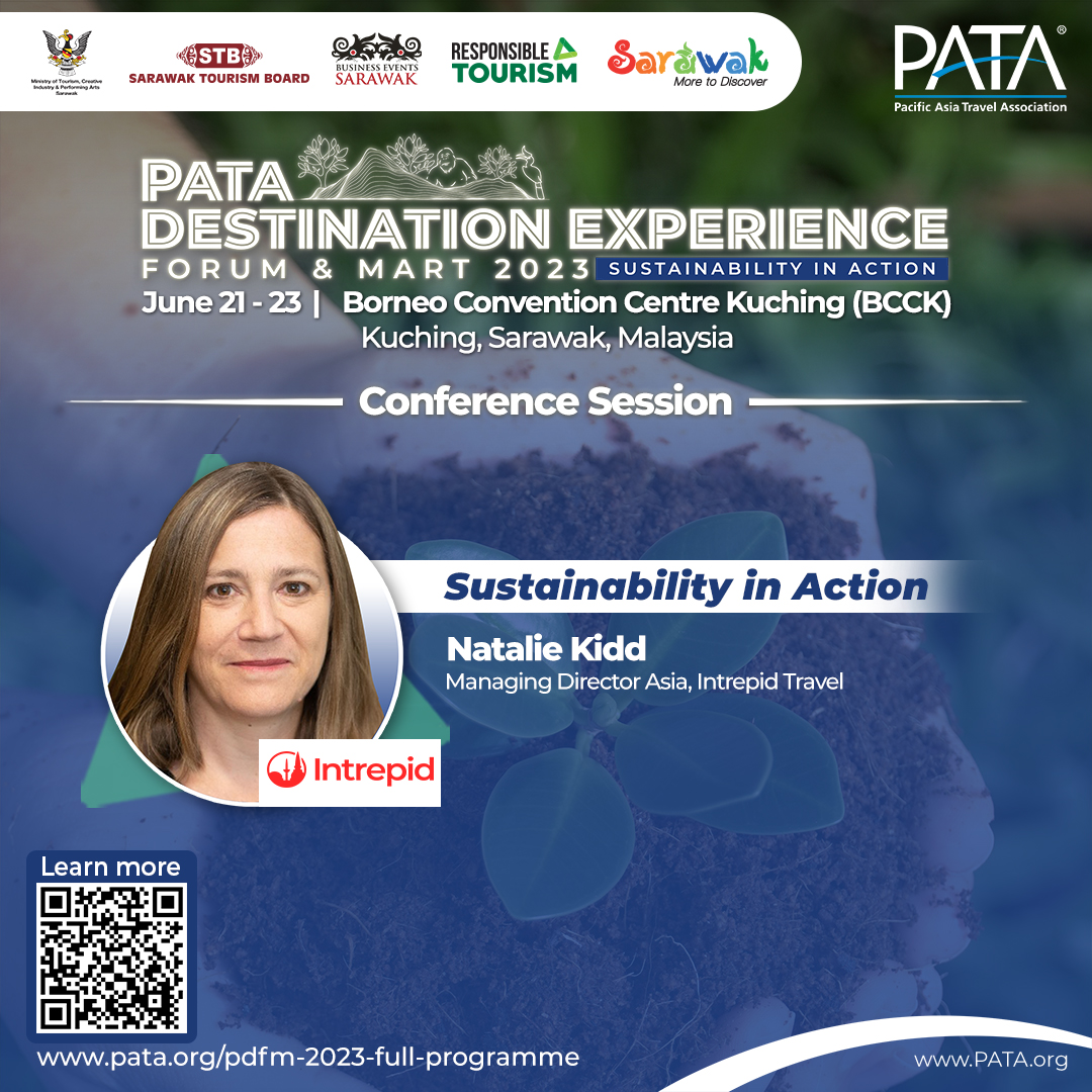 PATA_HQ's tweet photo. How are businesses, destinations &amp; organisations actively pursuing #SustainableTourism development and growth? 🌱

Natalie Kidd from @Intrepid_Travel will share examples and insights to set the tone for the event.

Join #PDFM2023! Register now: https://t.co/zO5SHGHOPd

#PATAEvent https://t.co/DRSZUmEHCu