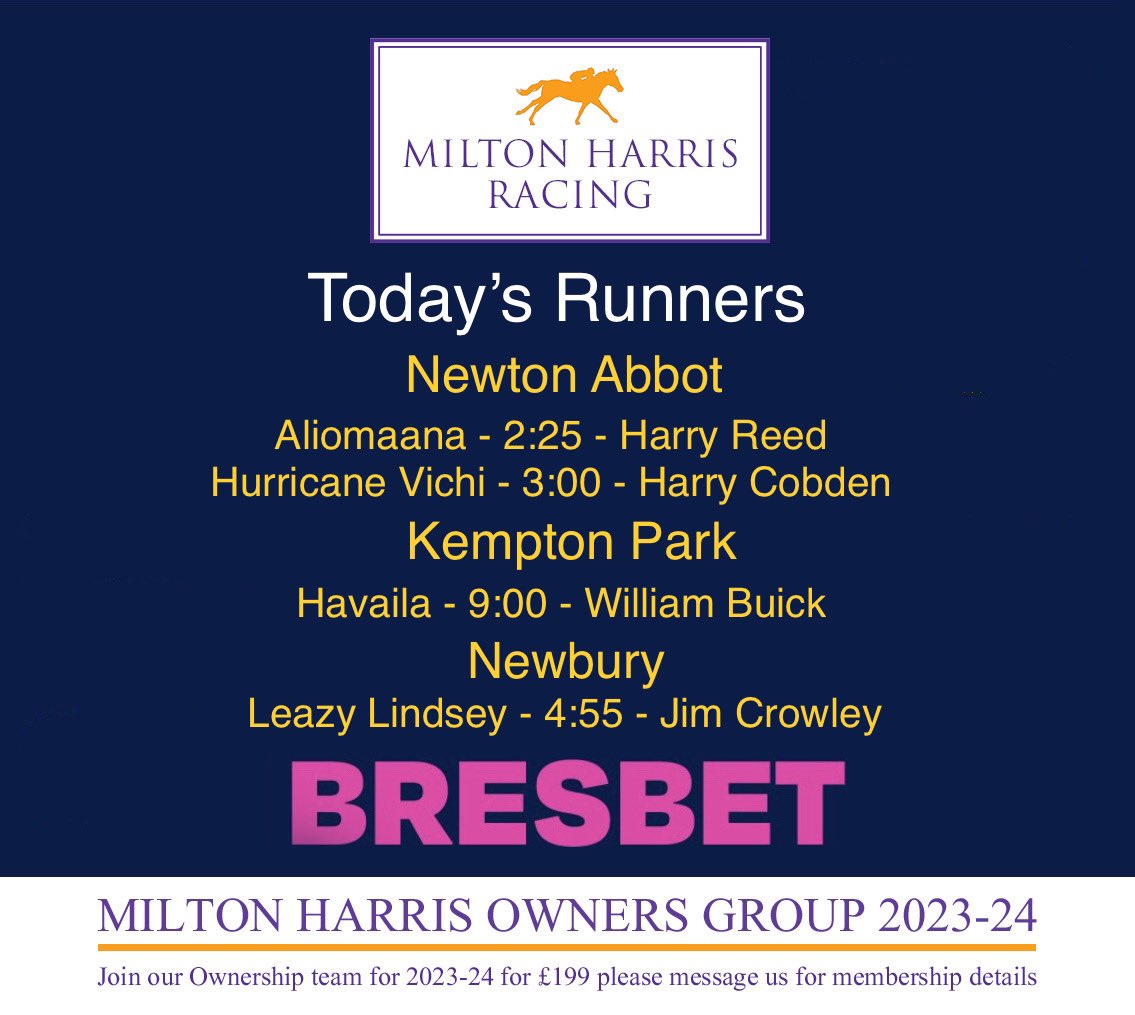 MFHarrisRacing's tweet photo. A busy day at Sutton Veny with 3 teams heading out of the gates to @NewtonAbbotRace @NewburyRacing and @kemptonparkrace , not a bad set of jockey bookings either ! #MHOG https://t.co/l0vFUsTjco