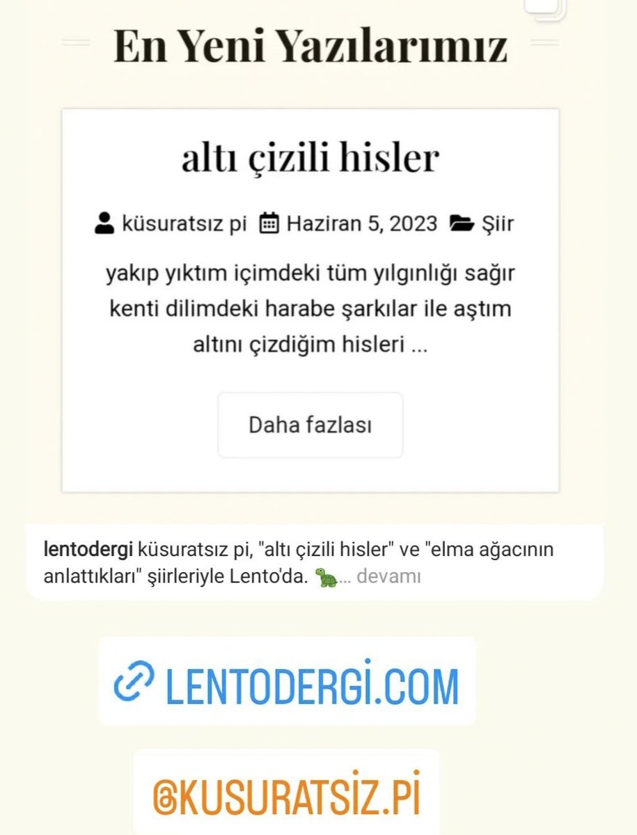 İki şiirimle lento'dayım...

#şiir #edebiyat #etkilisöz #aforizma #küsuratsızpi #karakızıl

kusuratsiz-pi.com