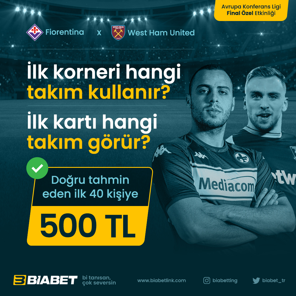Konferans Ligi Finaline Etkinlik!🏆

Fiorentina🆚West Ham maçında, İlk korneri hangi takım kullanır? İlk kartı hangi takım görür?

İlk 40 kişiye 500₺🎁

👉RT yap 3 kişiyi etiketle  
👉Form açıklamasındaki tüm hesapları takip et

‼️Etkinlik formunu doldur: l24.im/mlKrQIa