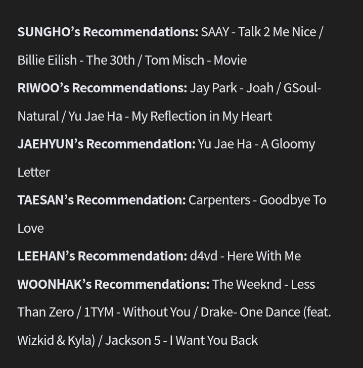 BOYNEXTDOOR members song recommendations.
