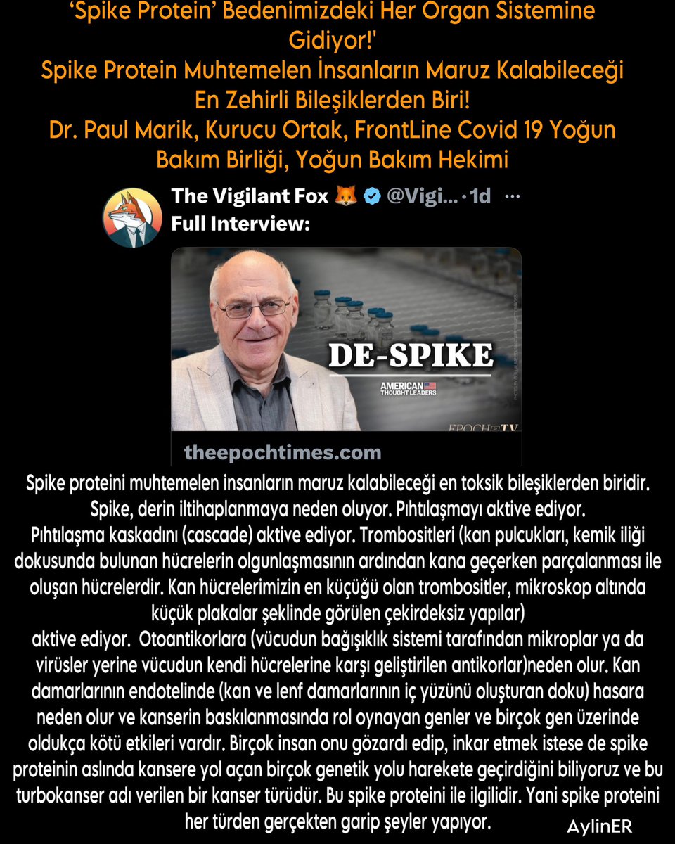 #Bilim #Tıp #Sağlık 

‘Spike Protein’ Bedenimizdeki Her Organ Sistemine Gidiyor!'
Spike Protein Muhtemelen İnsanların Maruz Kalabileceği En Zehirli Bileşiklerden Biri!

Dr. Paul Marik, Kurucu Ortak, FrontLine Covid 19 Yoğun Bakım Birliği, Yoğun Bakım Hekimi