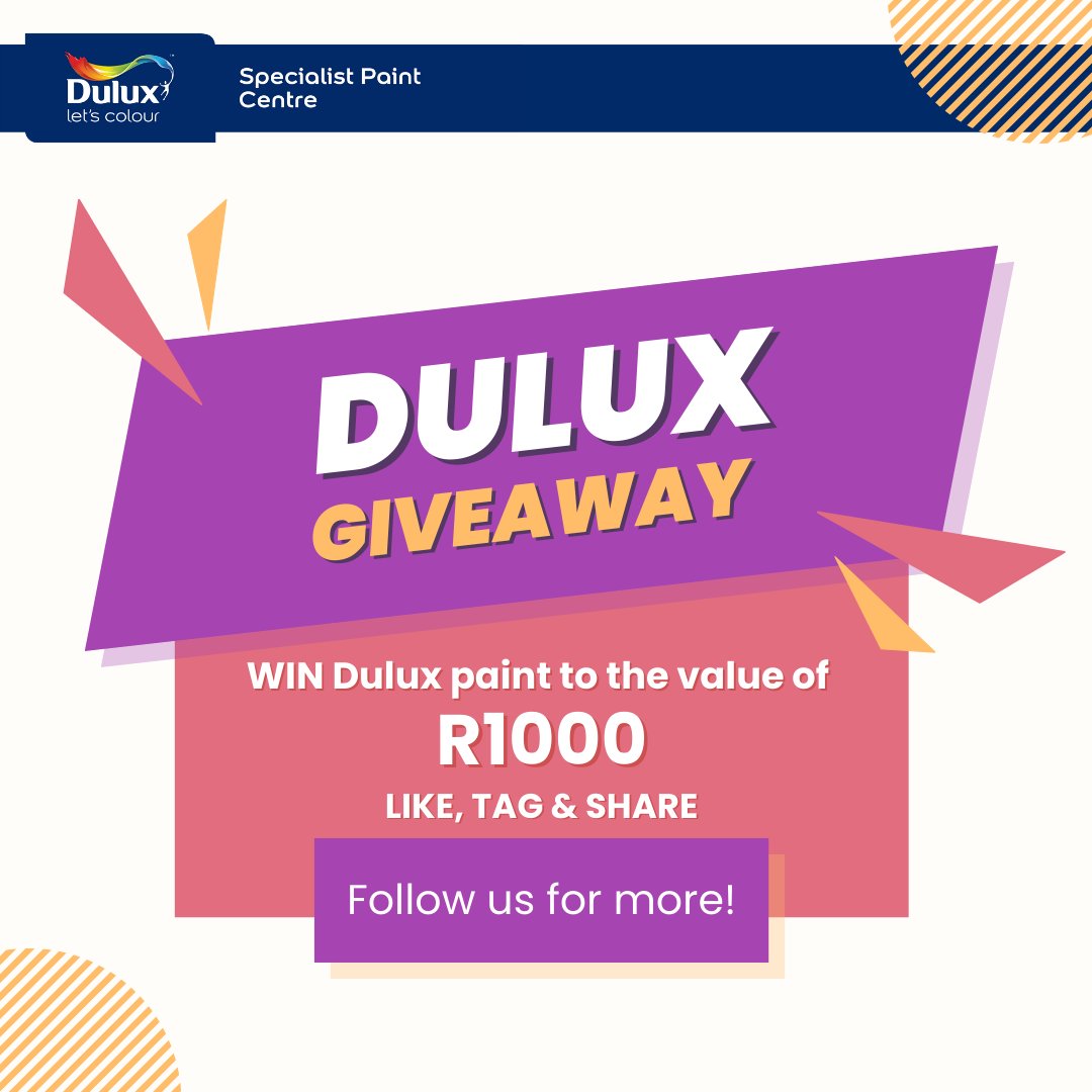 duluxdbn's tweet image. Stand a chance to win Dulux paint to the value of R1000!!!!

All you have to do is LIKE this post, TAG a friend and tell us what shade of Dulux SA colour you would choose and SHARE this post. Remember, the more you SHARE, the more your chances are to WIN :D

#paintedwalls