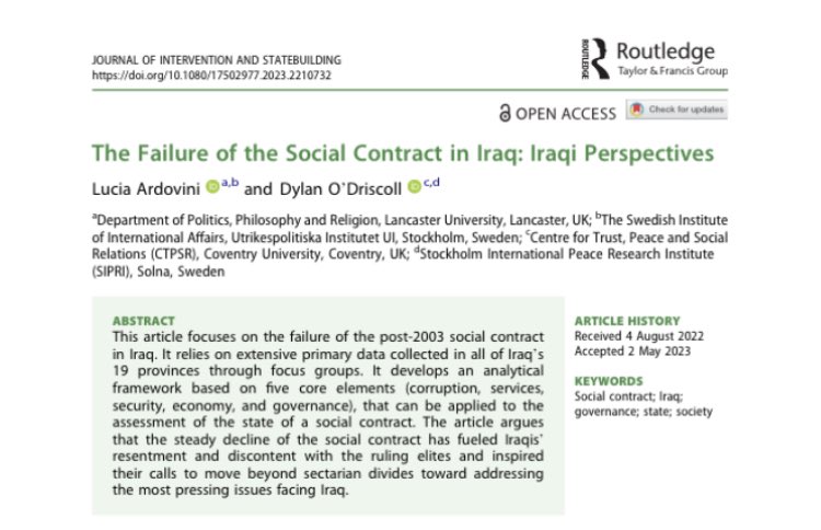 In this article with @LuciaArdovini we examine the social contract as an analytical lens and delve into Iraqi perspectives on visions of the state. ➡️ tandfonline.com/doi/epdf/10.10…