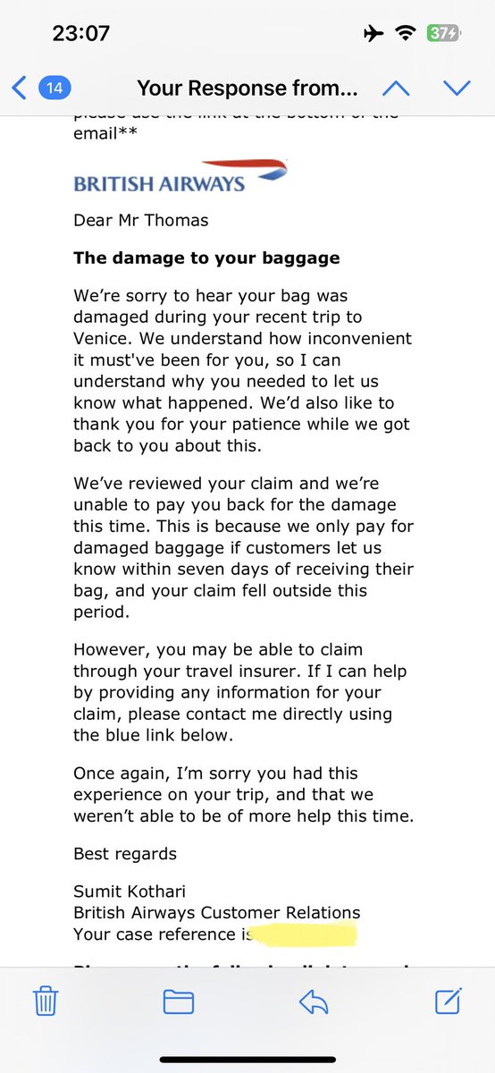joethomasld's tweet photo. Am I surprised @British_Airways are trying to wangle their way out of my baggage being damaged - not at all. You were informed as soon as the baggage was off the carousel and the report with reference number was given and attached to this report.. clearly Sumit didn’t investigate https://t.co/hOkDnqaCs6
