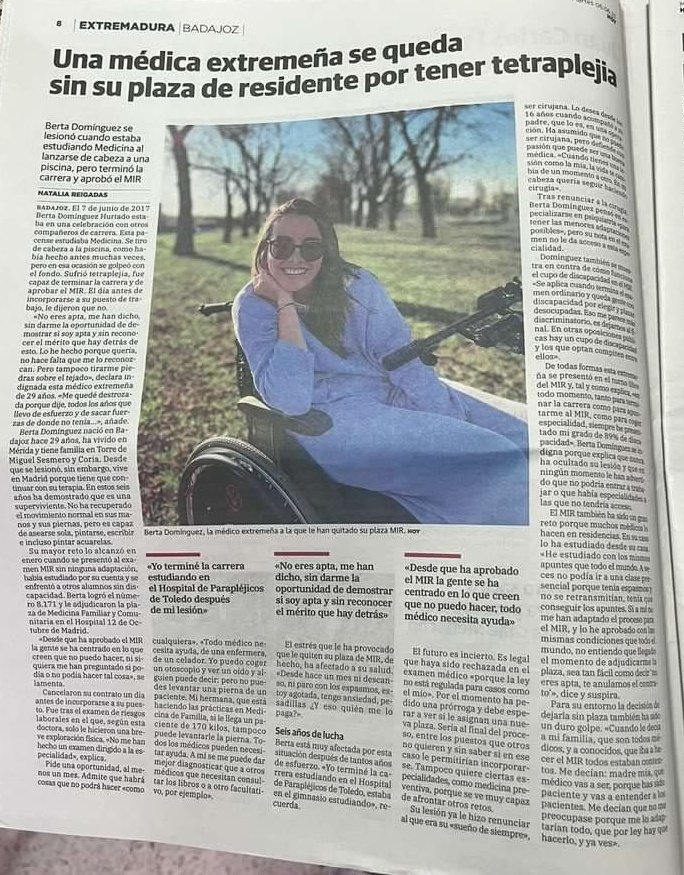 En un mundo donde se nos llena la boca de inclusividad, esto es una salvajada
Está compañera debió recibir prioridad para elegir una plaza adecuada a su situación y no esto
No reconocer el valor increíble de su gesta es de imbéciles. Será una médica llena de coraje y empatía.