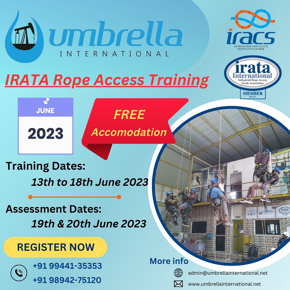 ui_workatheight's tweet image. IRATA Rope Access Training - June 2023 schedule - Umbrella International
.
.
Register Now for Training
.
+919944135353
+919894275120
.
.
.
#umbrellainternational #training #ropeaccess #trainingcenter #tamilnadu #trichy #irata #ropeaccesstraining  #technicalservices #ropeservices