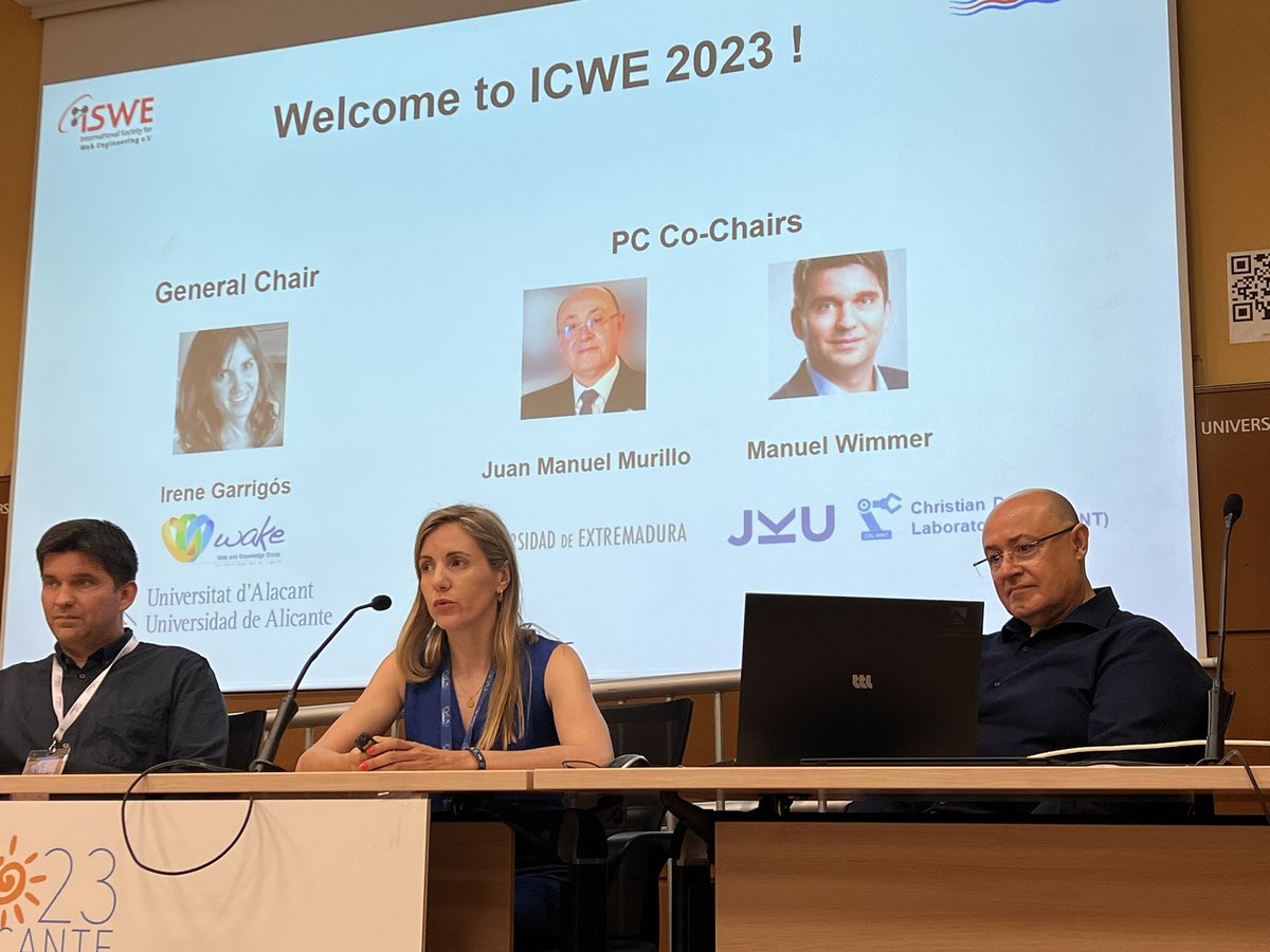 MarcoBrambi's tweet photo. Grand opening of the #iswe2023 conference of web engineering in Alicante! With @irenegarrigos Manuel Wimmer and Juan Manuel Murillo at @UA_Universidad https://t.co/Bhrz8ZstbK