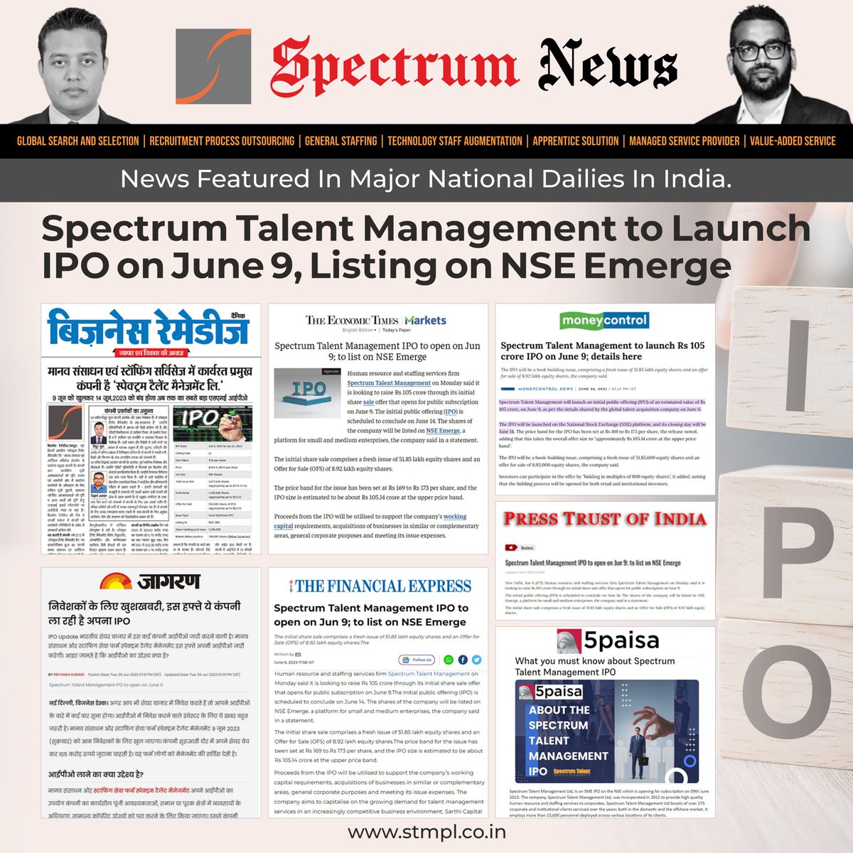 spectrumtmltd's tweet image. We are delighted to share that Spectrum Talent Management's upcoming IPO, set to launch on June 9 and list on NSE Emerge, has been featured in major national dailies. bit.ly/3P2gnMD

#stockmarketnews #SpectrumIPO #NSEEmerge #IPOlaunch #SMEIPO #IPOAlert #StockMarketindia