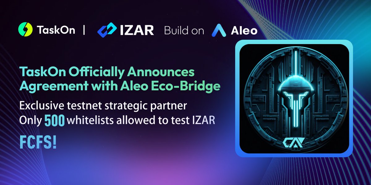 🔥We're thrilled to partnered with <a href="/taskonxyz/">TaskOn | Ultimate Web3 Community Growth Platform</a> and kick off our Genesis testnet. Bridging #ETH to #Aleo starts now!

🎁500 Whitelist Accesses #IZAR Testnet 

📅Jun 6 - Jun 12

👇Don't miss out on the opportunity!
taskon.xyz/campaign/detai… 

#Giveaway #Web3 #POAP #OG <a href="/AleoHQ/">Aleo</a> #CAP
