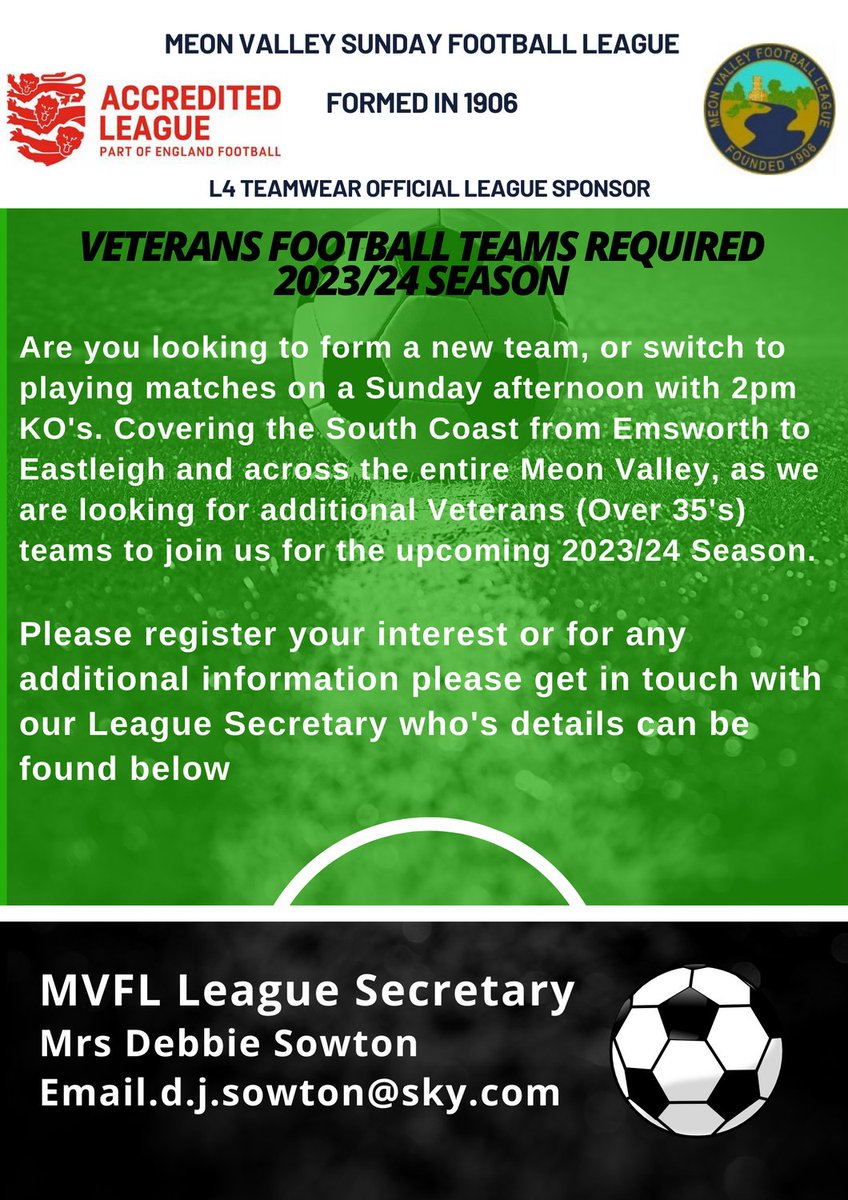 The Meon Valley Sunday Football League are looking for additional Veterans Teams (Over 35's) for the coming season to join the current Divisions we have.