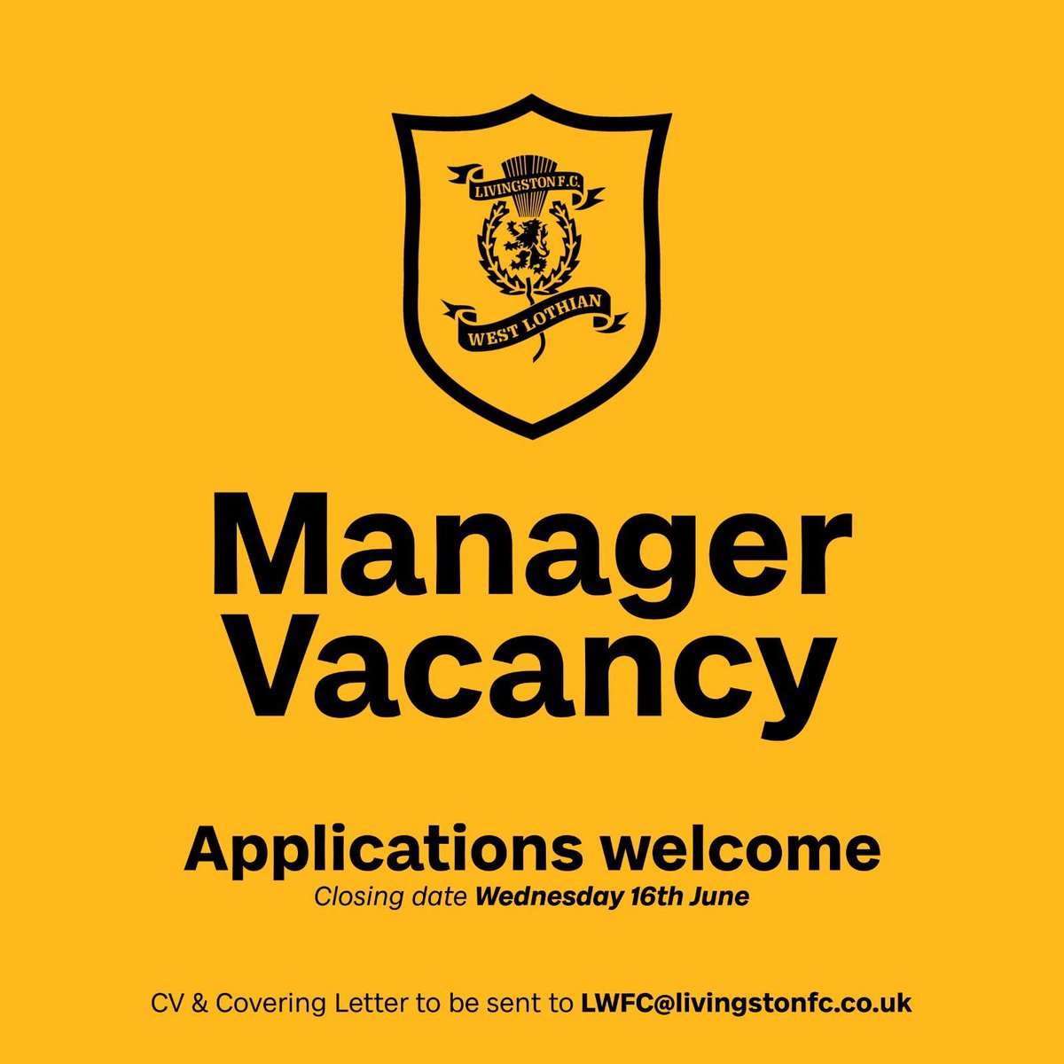 Applications are now being accepted for our current managerial vacancy for Livingston WFC 1st team.

CV and Cover Letter to be sent to the email address below.