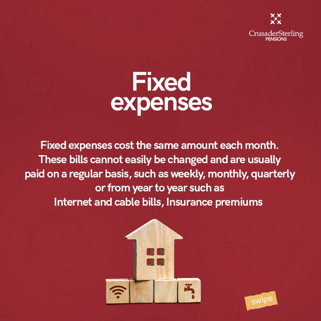 CSPensions's tweet photo. Ever wondered what the difference between fixed and variable expenses are? Swipe and be sure to jot things down π
#crusadersterlingpensions #pensions #fixedexpenses #variableexpenses #financialfreedom #retirement https://t.co/CnSfodz6ee