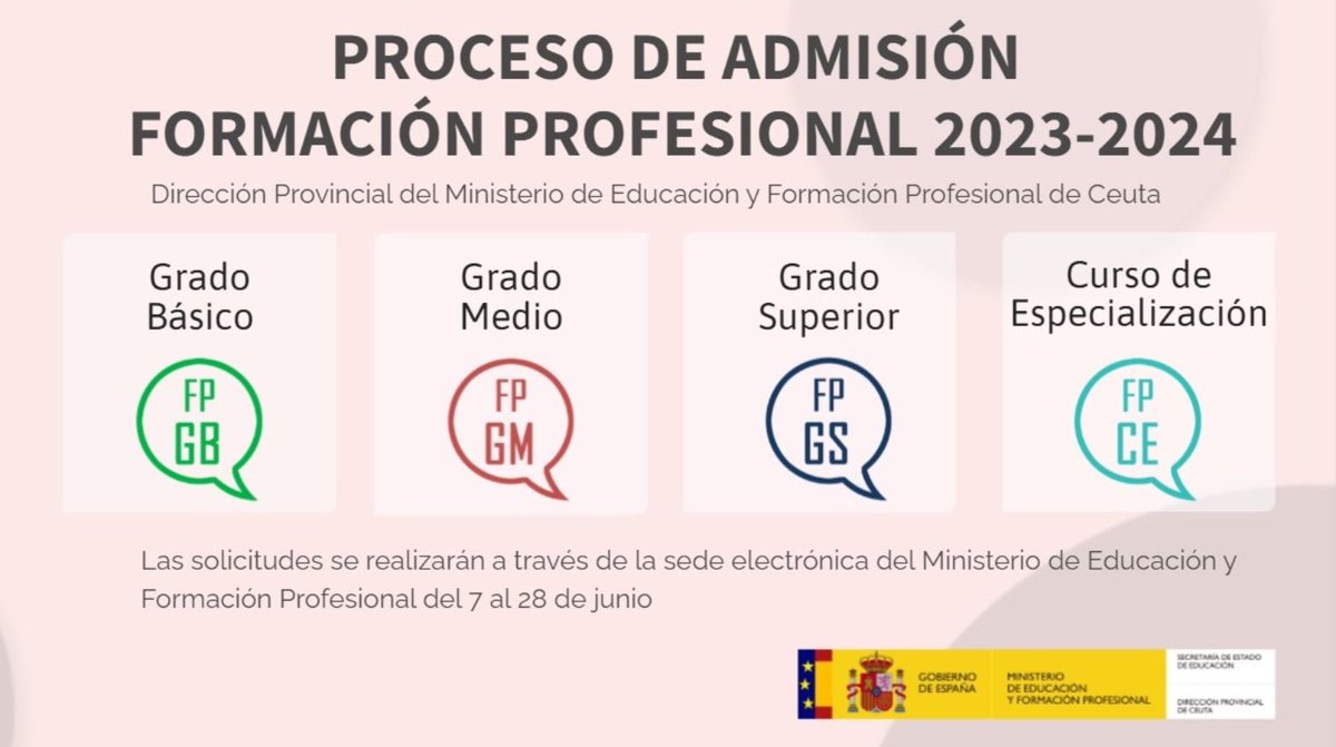 upeceuta's tweet image. Las solicitudes se realizan a través de la sede electrónica del Ministerio de Educación y Formación Profesional, del 7 al 28 de junio. 

Si tienes alguna duda, consulta los vídeos tutoriales y la guía informativa. 

➡️ educacionyfp.gob.es/contenidos/ba/…

#MEFP #UPE #DPCeuta #FP #2023