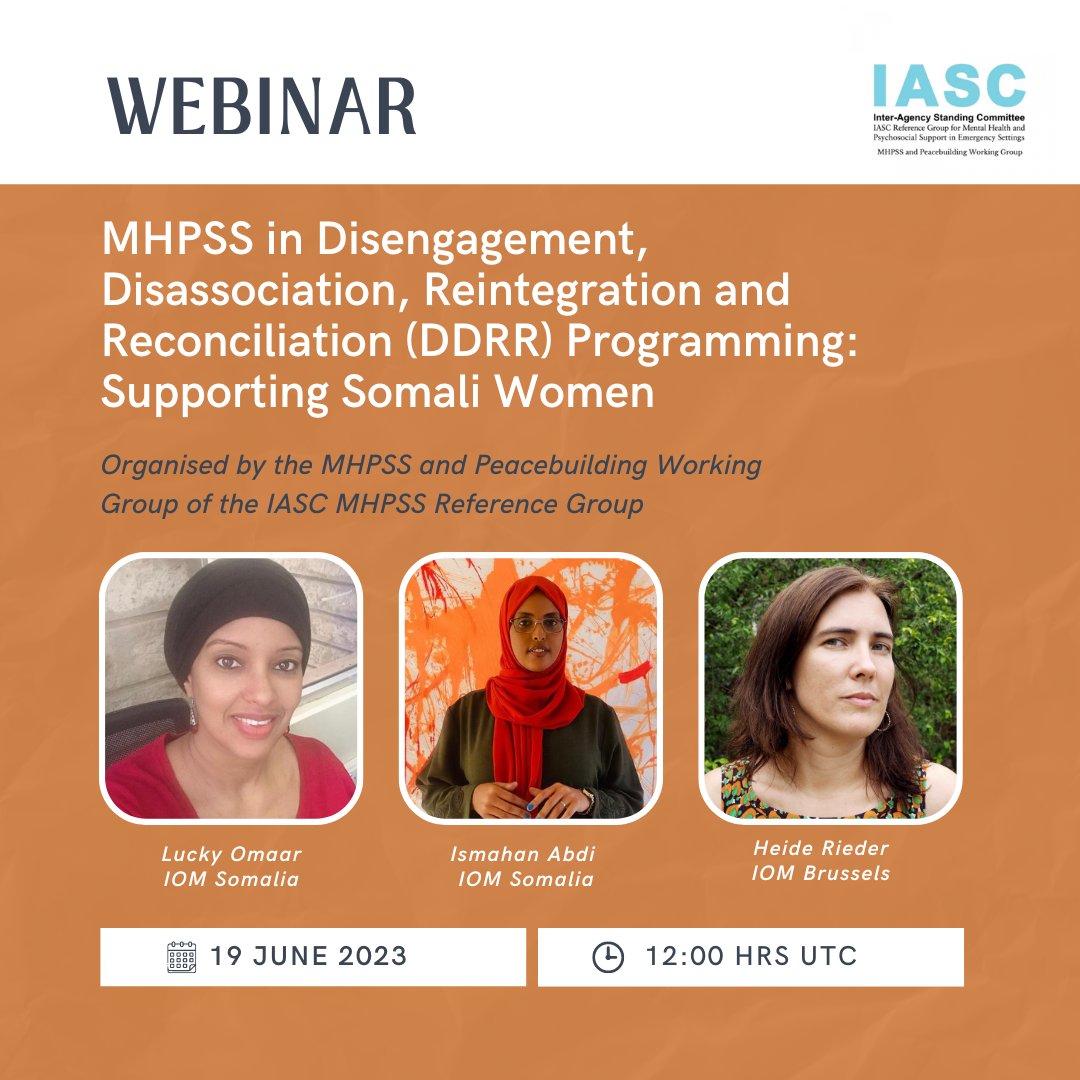 mhpss's tweet photo. WEBINAR ALERT ⚡ #MHPSS in Disengagement, Disassociation, Reintegration and #Reconciliation (DDRR) programming: Supporting Somali Women

📆 19th June, 12:00 UTC
🔗 Register: https://t.co/JnYJkg0eOI https://t.co/kEPyqLf42Q