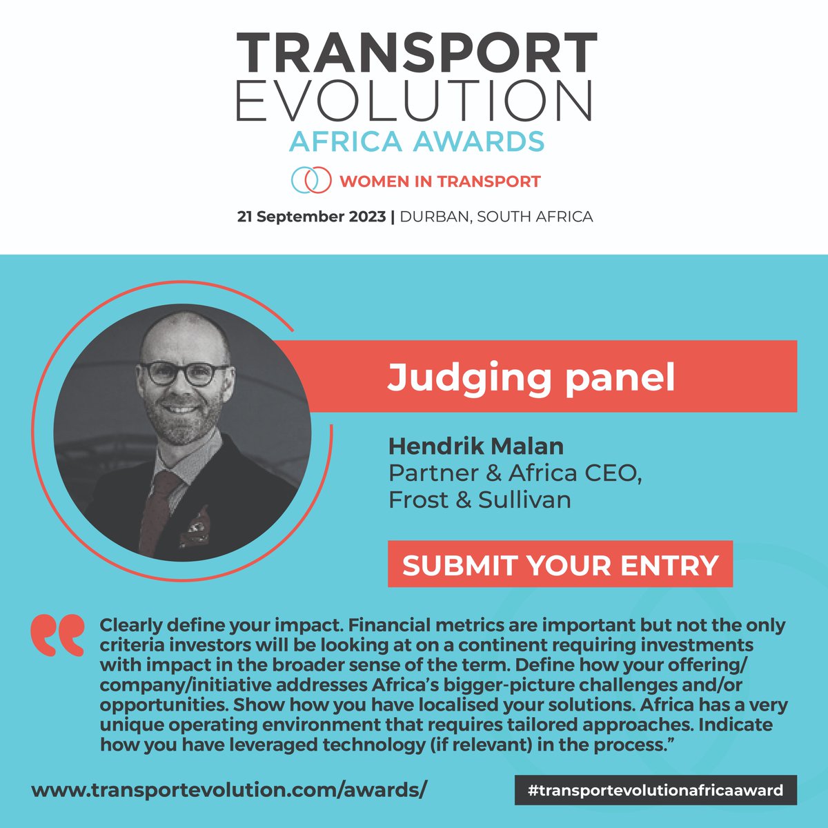 The Transport Evolution Africa Awards will take place on 21 September at the Durban ICC. 
 
Looking for more information or have a nominee in mind? Click the link: lnkd.in/eEdGqBqk 
 
Nominations close on 23 June 2023
 
#helpingafricagrow  #transportevolutionafricaawards