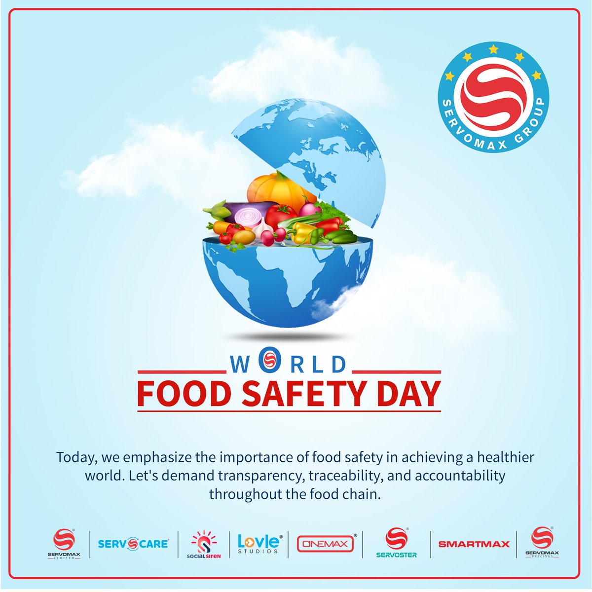 Today, we emphasize the importance of food safety in achieving a healthier world.  World Food Safety Day!

#WorldFoodSafetyDay #WorldFoodSafetyDay2023 #विश्व_खाद्य_सुरक्षा_दिवस #FoodStandardsSaveLives #FoodSafety #SafeFood #Nutrition #HealthyLiving #FoodSecurity

#SERVOCARE