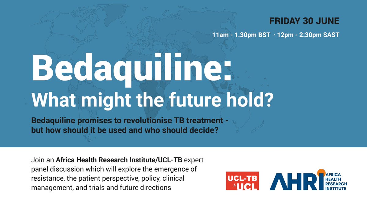 AHRI_News's tweet photo. Bedaquiline promises to revolutionise #TB treatment - but how should it be used and who should decide? Join an AHRI &amp; @UCLTB expert panel discussion: 

🗓️ 30th June, 2023
⏲️ 12 - 2.30pm SAST

Register here ➡️ https://t.co/H0lOuWX7zK https://t.co/LyzkJRr7OE