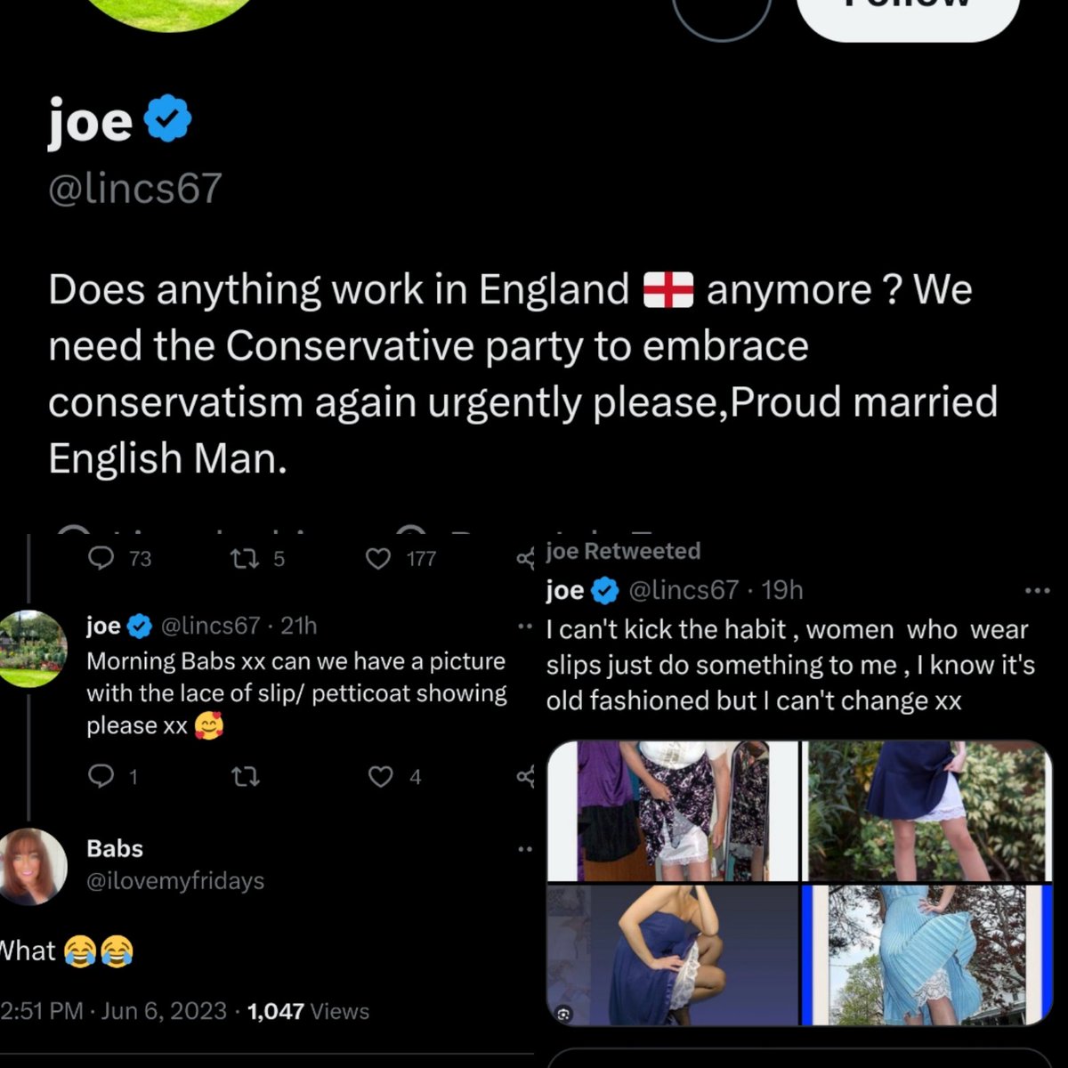 @lincs67 Definitely not perverted. Definitely not a 'proud married English man' asking a woman for creepy pics. Definitely Conservative of you to ask a woman for pictures to get you off...