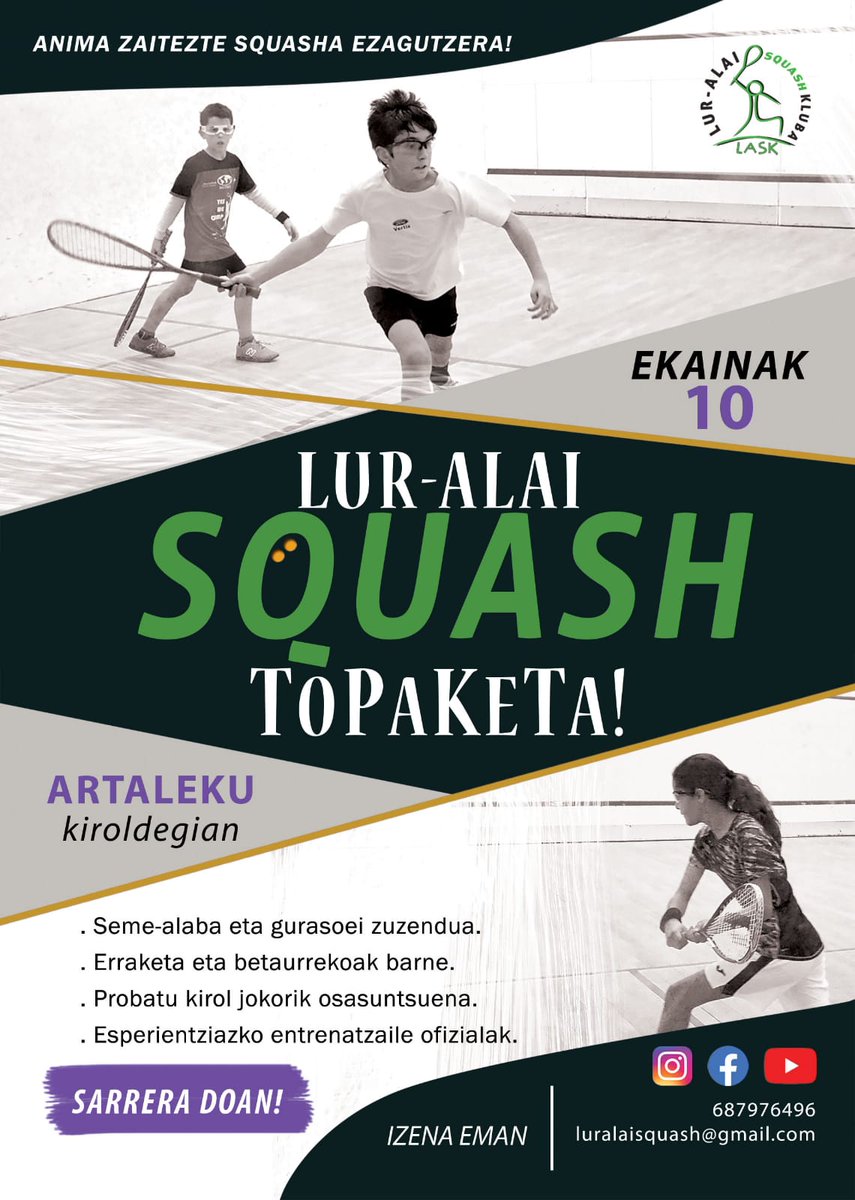 #eskolakirola denboraldia amaitzeko, familien #squash #topaketa antolatuko dugu #artaleku -n larunbat honetan. Anima zaitezte jolastu eta #kirola egitera. Izen emateko jarri harremanetan gurekin sare sozial edo ohiko kateetatik. Ikusi arte.
