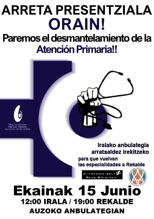Seguimos apoyando la lucha de los Barrios por una Sanidad Pública, Universal y de Calidad.
Ez Lehen Mailako Arreta eraistean!!!

Osasun-Zentroetako kontzentrazioak:
📆15 Junio
👉Iralabarri ⏰12:00h.
👉Rekaldeberri⏰19:00h.

#IralabarriAuzoElkartea  <a href="/HegoaldeBizirik/">BilbokoHegoaldeaBizirik</a>