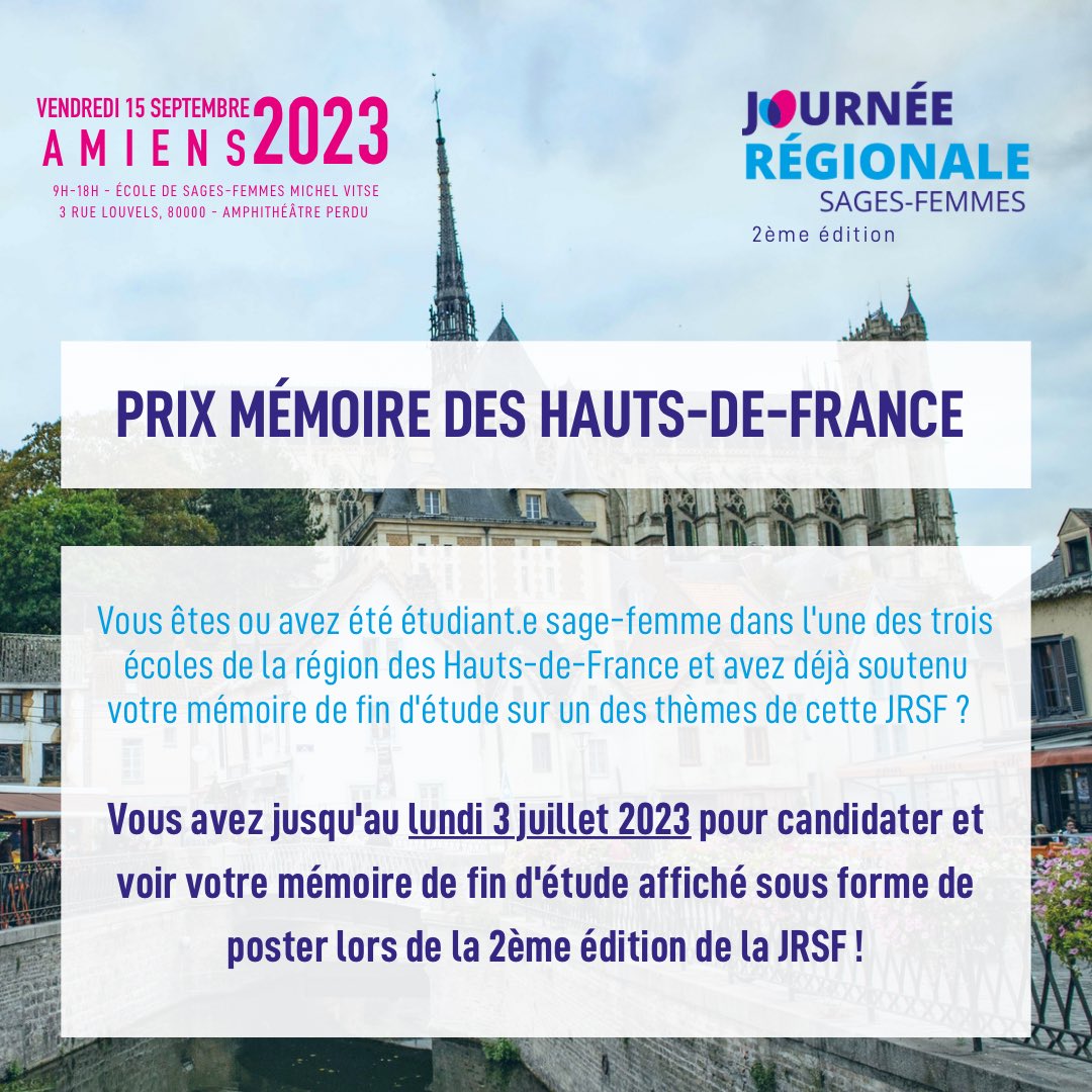 Coll_SageFemme's tweet photo. 🔵JRSF AMIENS 2023: PRIX MÉMOIRE DES HAUTS-DE-FRANCE

🗓Les candidatures sont dès à présent ouvertes &amp; ce, jusqu’au 3 juillet inclus sur le site du CNSF ou directement par ce lien : https://t.co/tBDvpjmn9f

#Memoire #maïeutique #sagefemme #etudiant #etudiante #JRSF #CNSF #Orehane https://t.co/6Z7emGws1Z