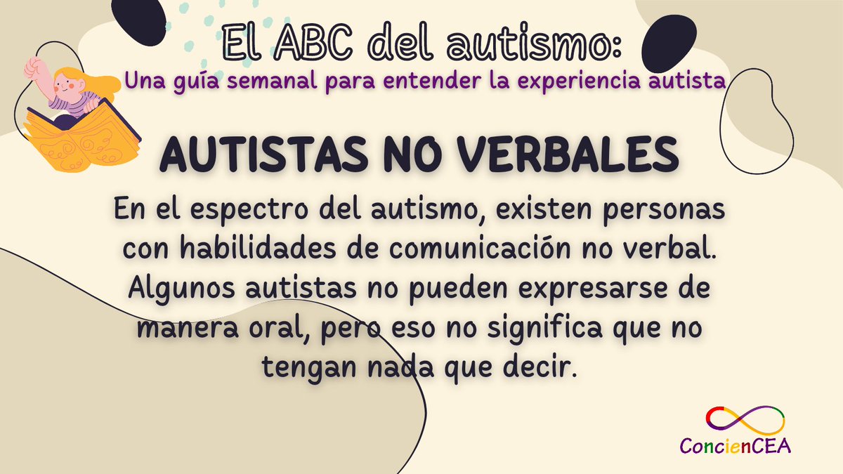 🔇¿Sabías que en el espectro autista hay personas que no utilizan el lenguaje hablado o se expresan solo con unas pocas palabras?
#AutismoNoVerbal #ABCdelAutismo #ConcienCEA #SoyAutista #ActuallyAutistic #Autismo #TEA #CEA