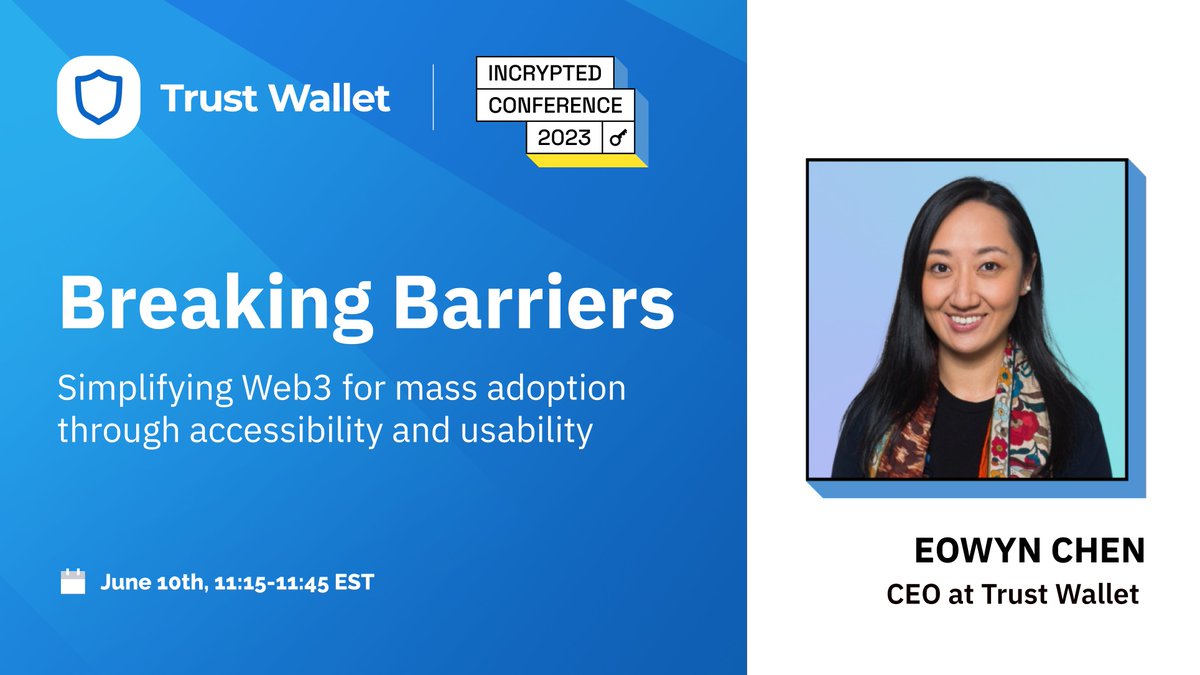 Mark your calendars! <a href="/EowynChen/">Eowyn</a> will be taking the stage at the <a href="/incrypted/">Incrypted</a> Conference 2023! 

Discover how #TrustWallet is revolutionising the #crypto space and making it more accessible to all.

🗓 June 10, 11:15-11:45 EST

Secure your spot here 👇
incrypted.events/incrypted-conf…
