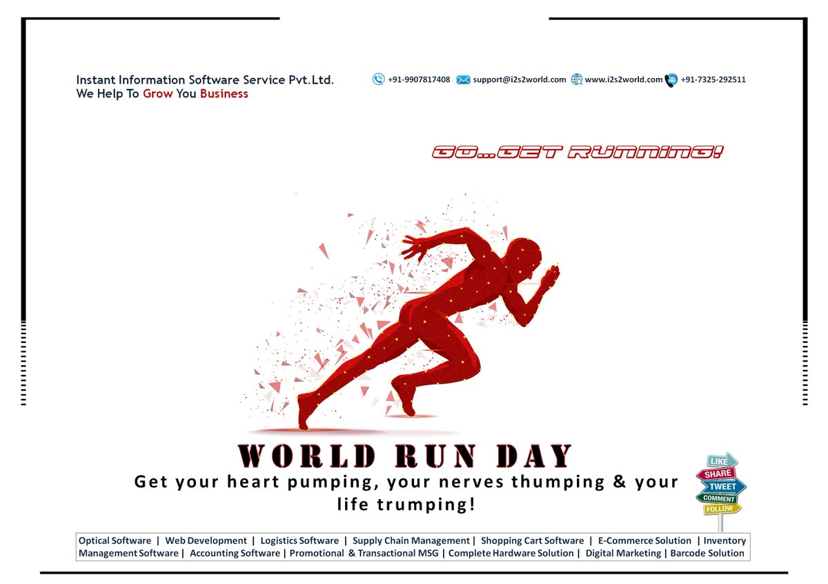 instant_pvt's tweet photo. Get your heart pumping, your nerves thumping & your life trumping!
#WorldRunDay
#NowOrNever
#GearUp
#OneLifeIndia
#IncredibleYou
#Optical_software
#i2s2
#Optocare
#Instant_Information
#9907817408
#AaharStore
#ECommerce
#Digital_Marketing
#Web_Development
https://t.co/3jKYRs2wWK https://t.co/qZDQjaB24U